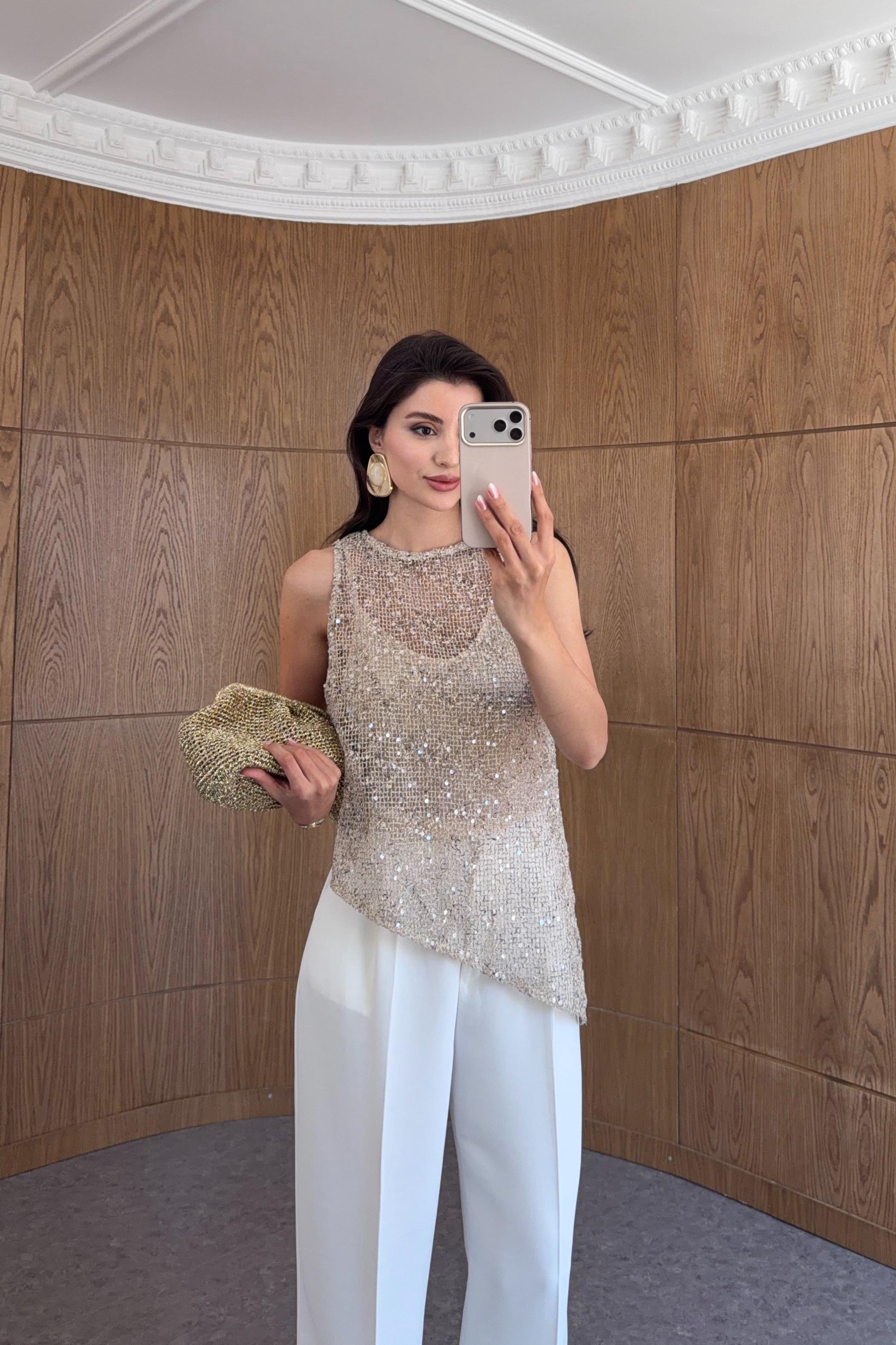Pullu Asimetrik Gold Bluz
