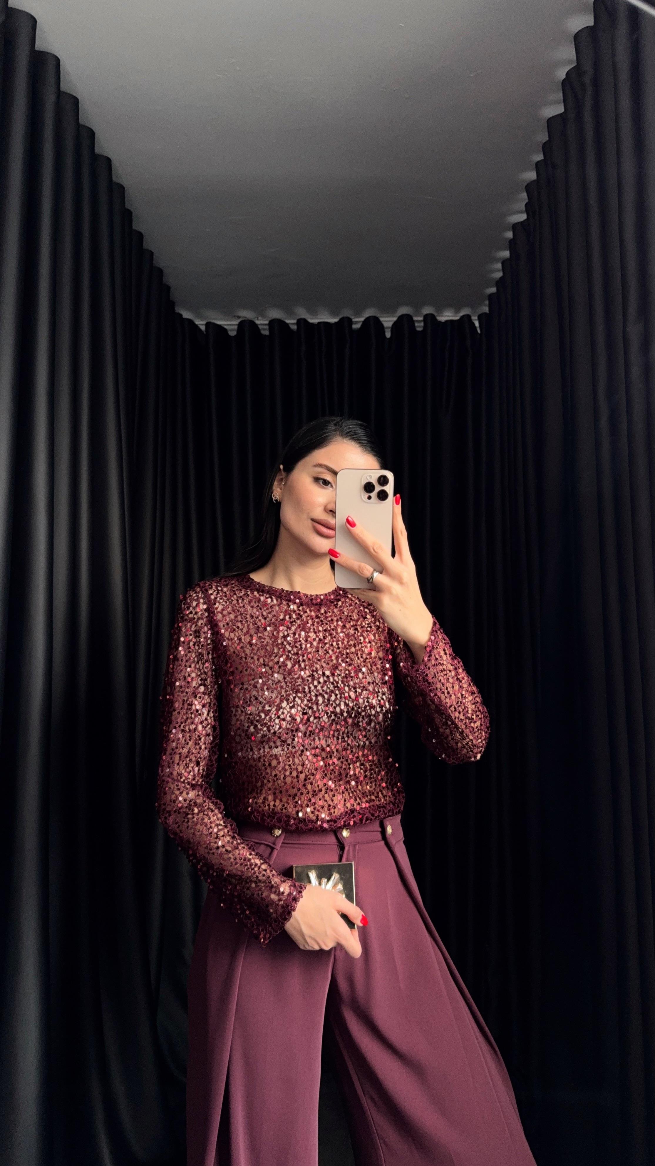 Pullu Transparan Bordo Bluz