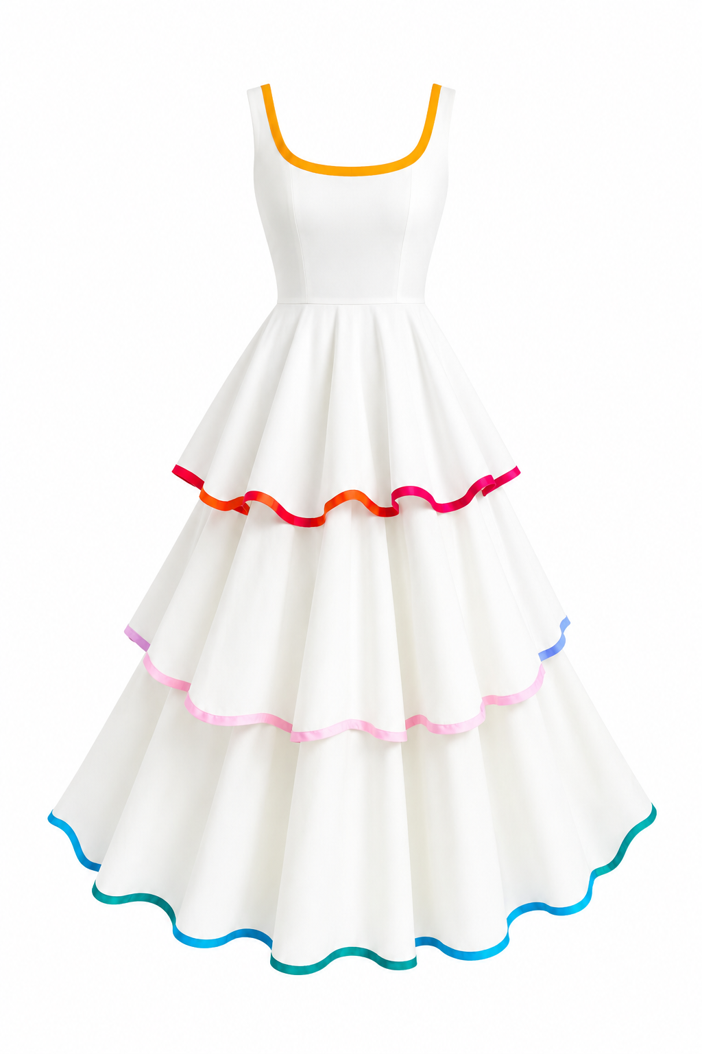 Renkli Biyeli Katlı Ekru Elbise