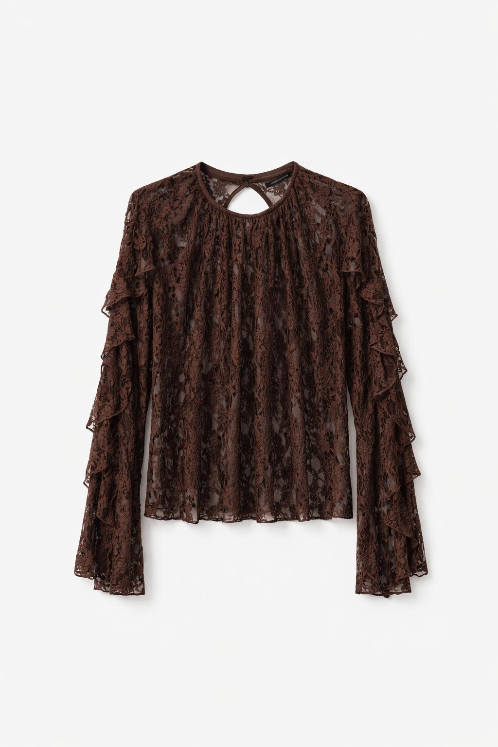 Romantik Dantel Detaylı Kahve Bluz