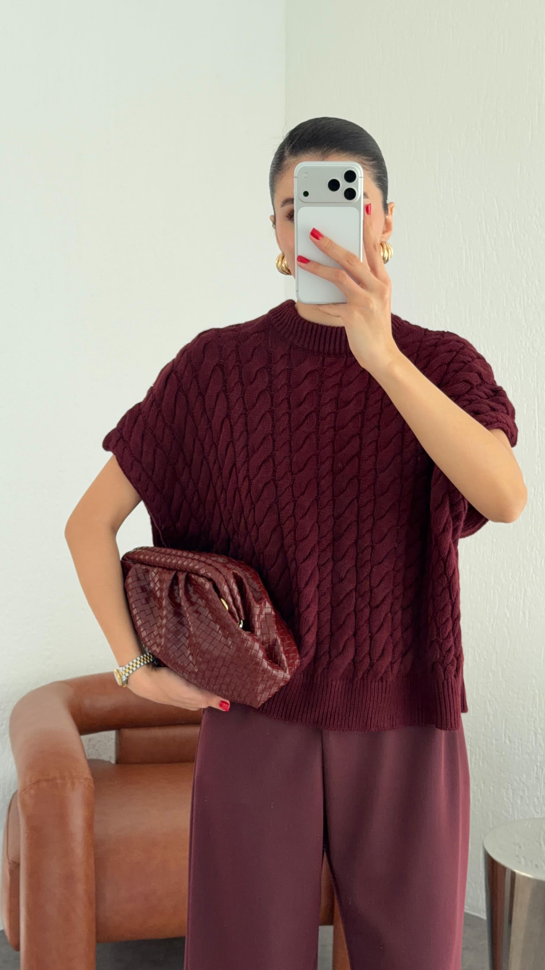 Saç Örgü Bordo Süveter