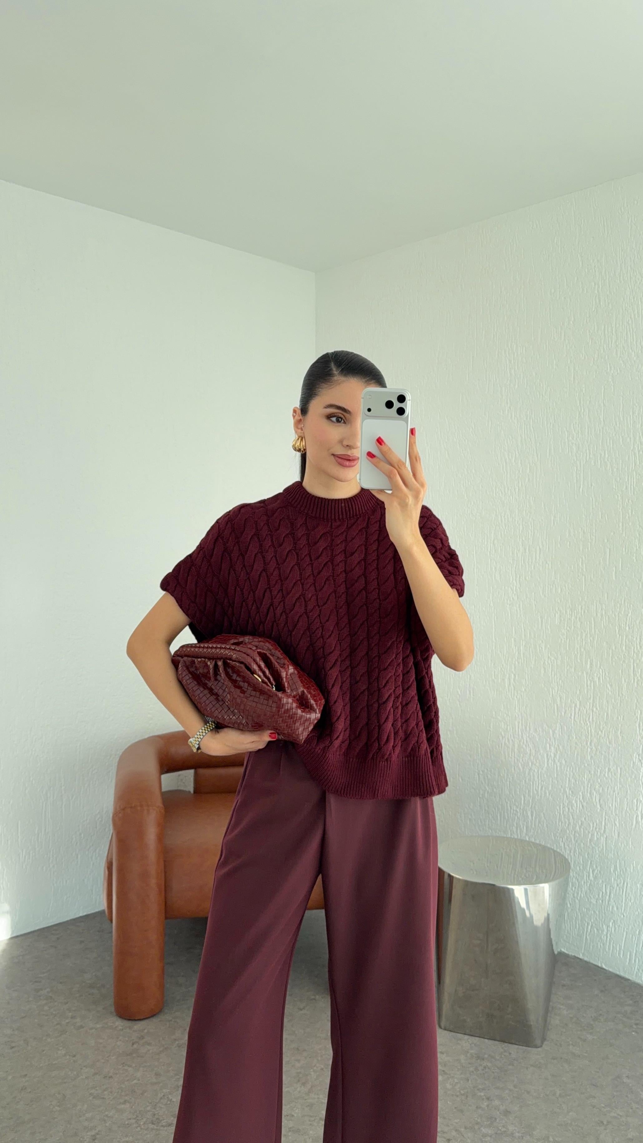 Saç Örgü Bordo Süveter