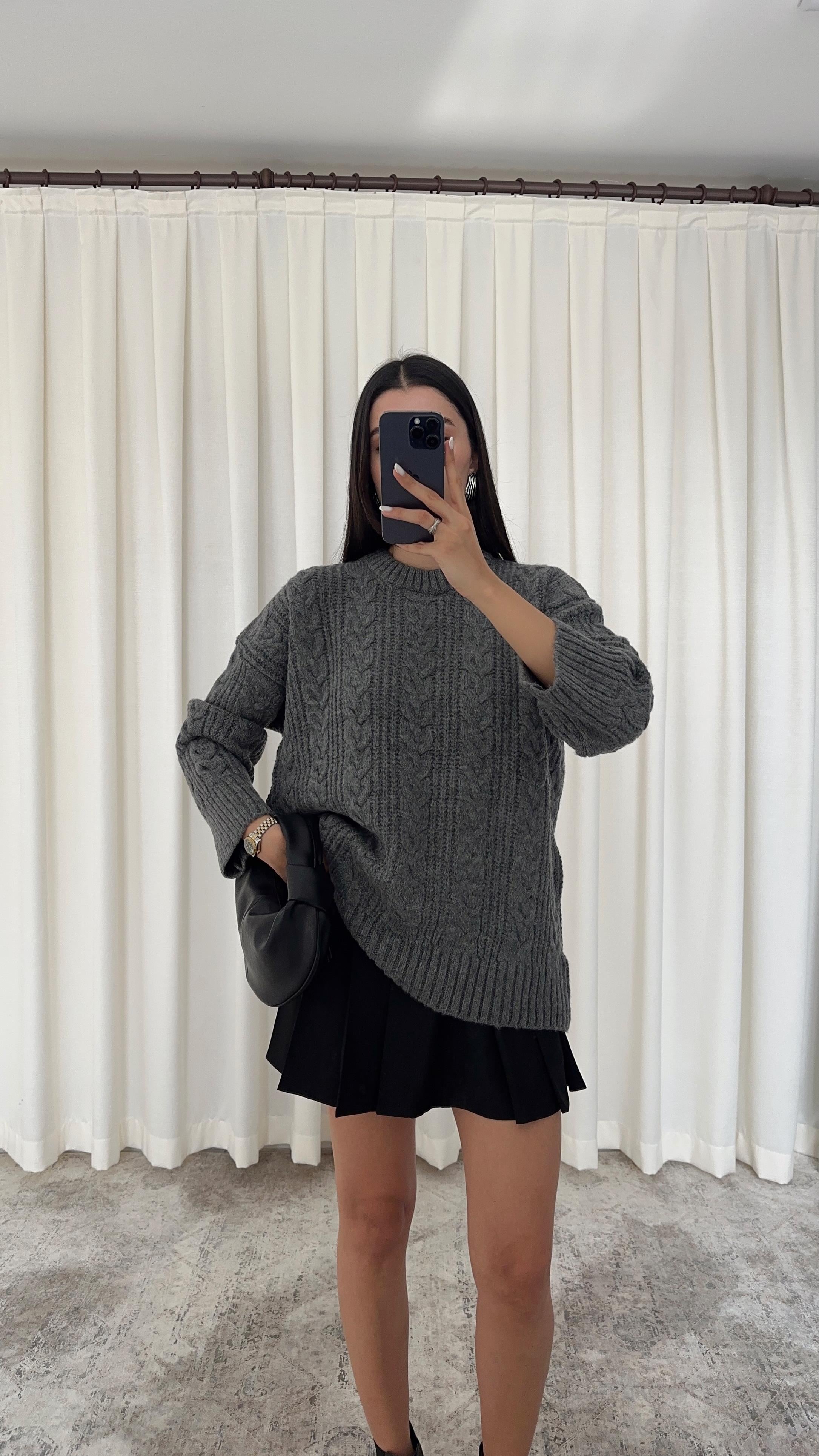 Saç Örgülü Oversize Antrasit Kazak