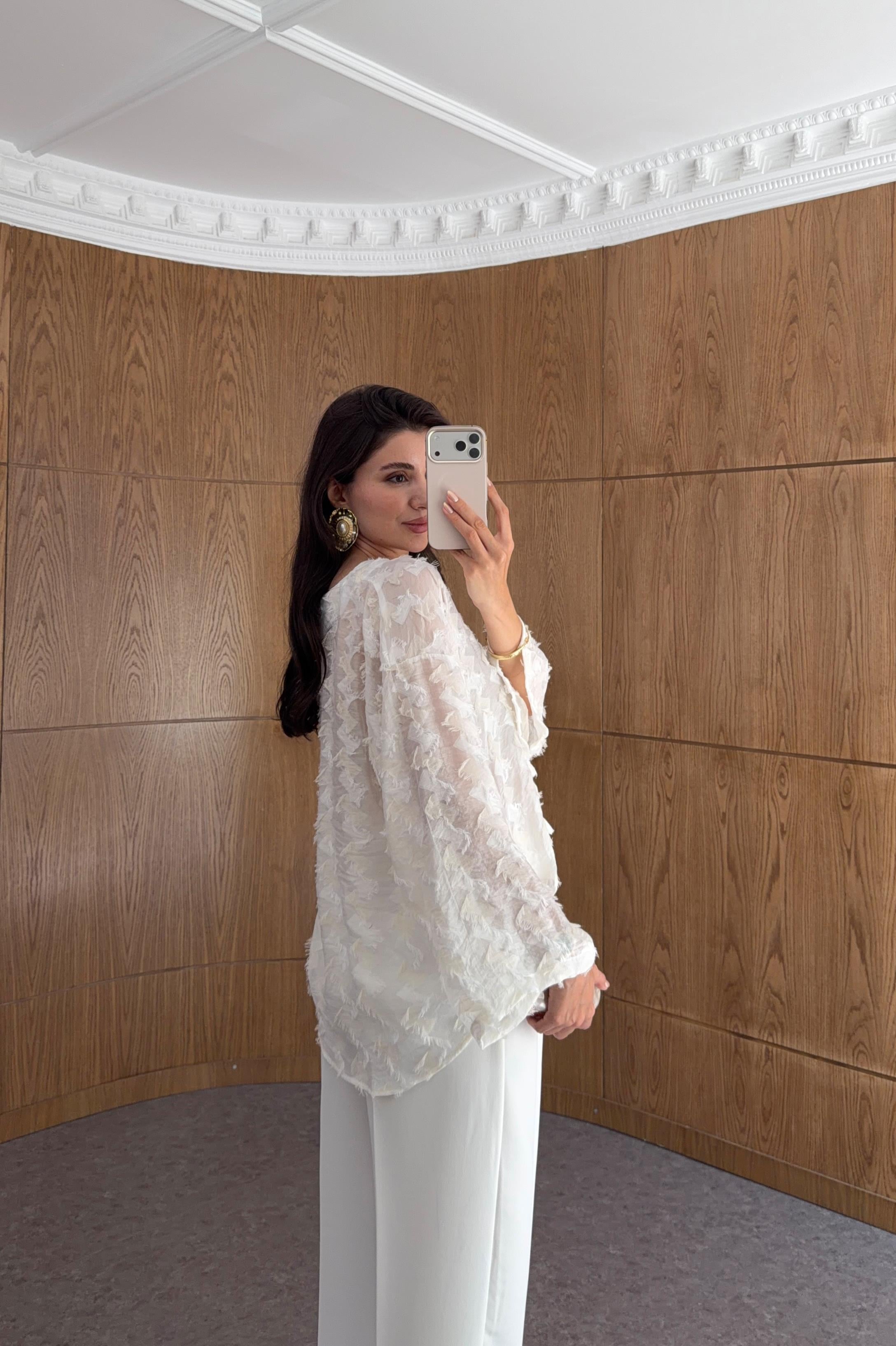 Saçaklı Ekru Kimono