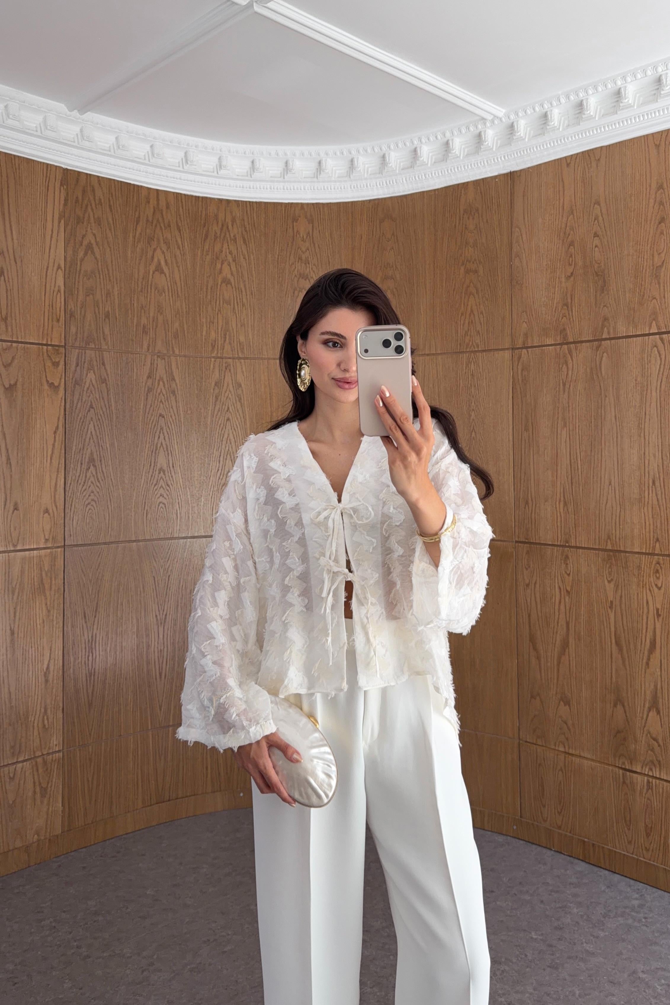 Saçaklı Ekru Kimono