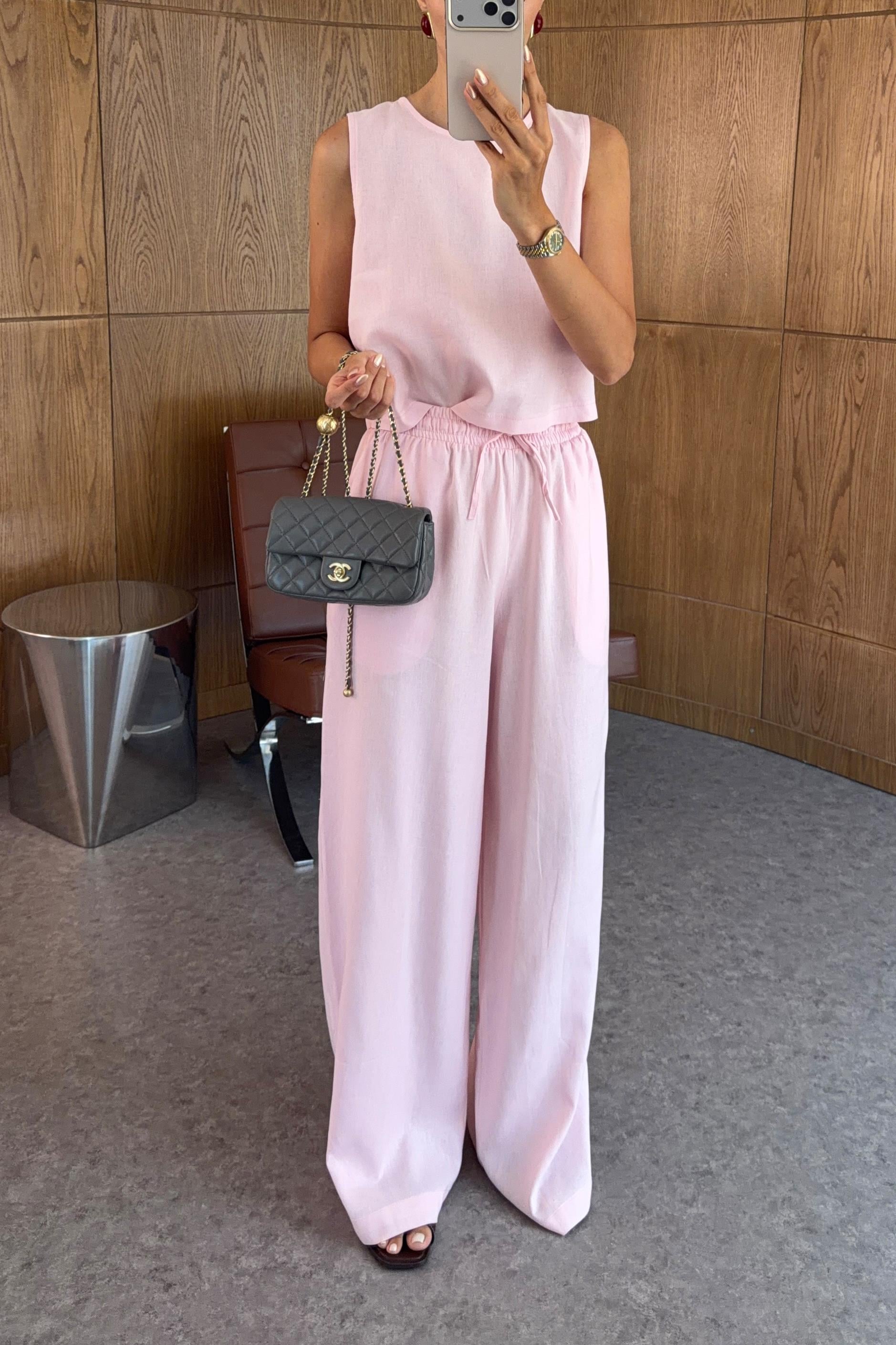 Sıfır Kol Keten Pembe İkili Takım