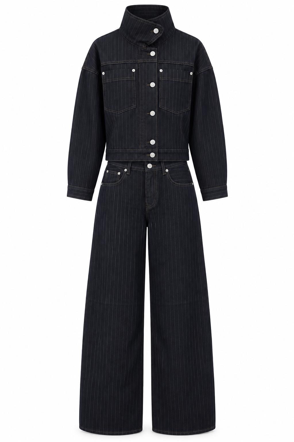Sİyah Çizgili Denim Ceket-Pantolon Takım
