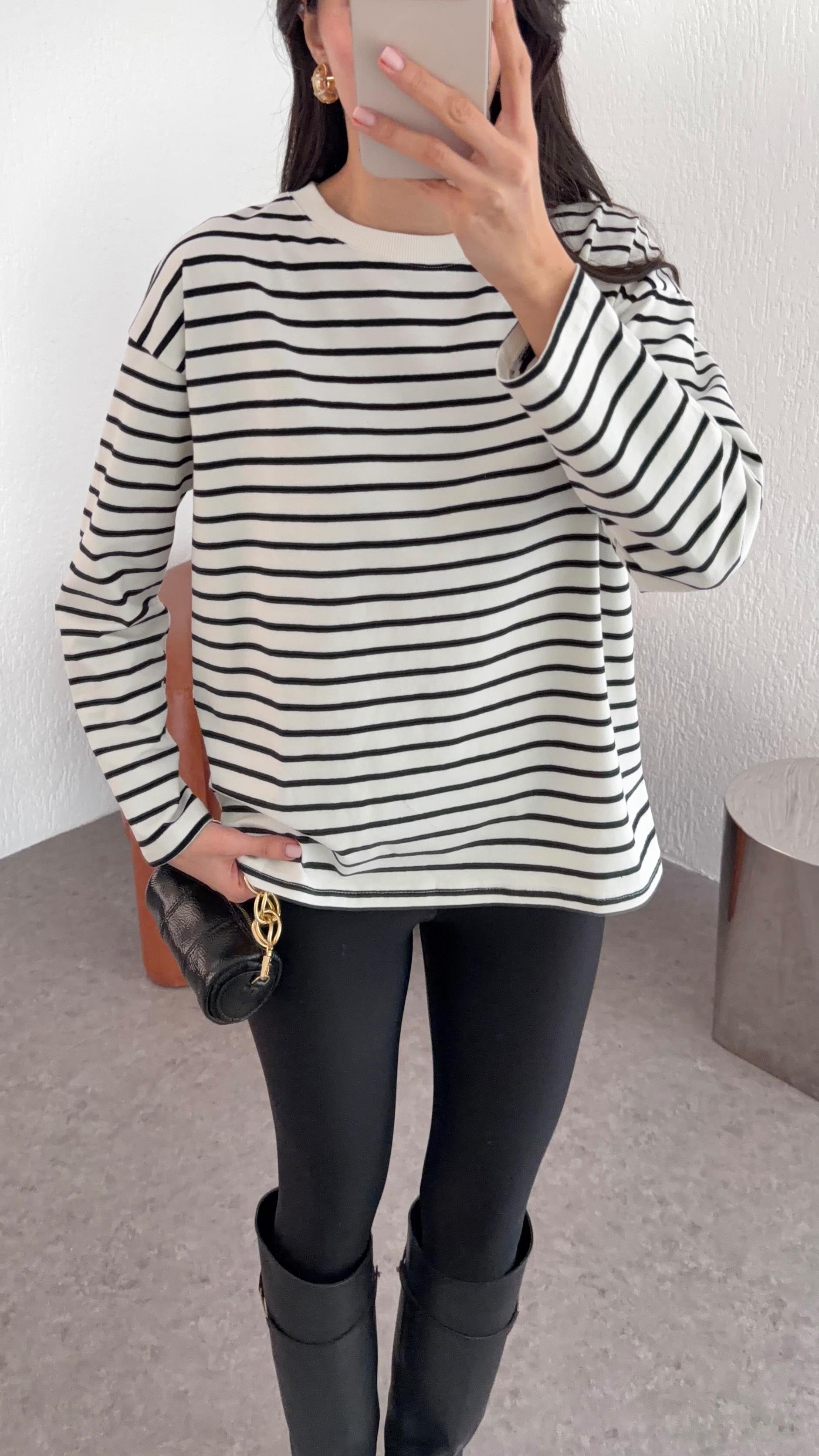 Siyah Çizgili Likralı Uzun Kollu Basic