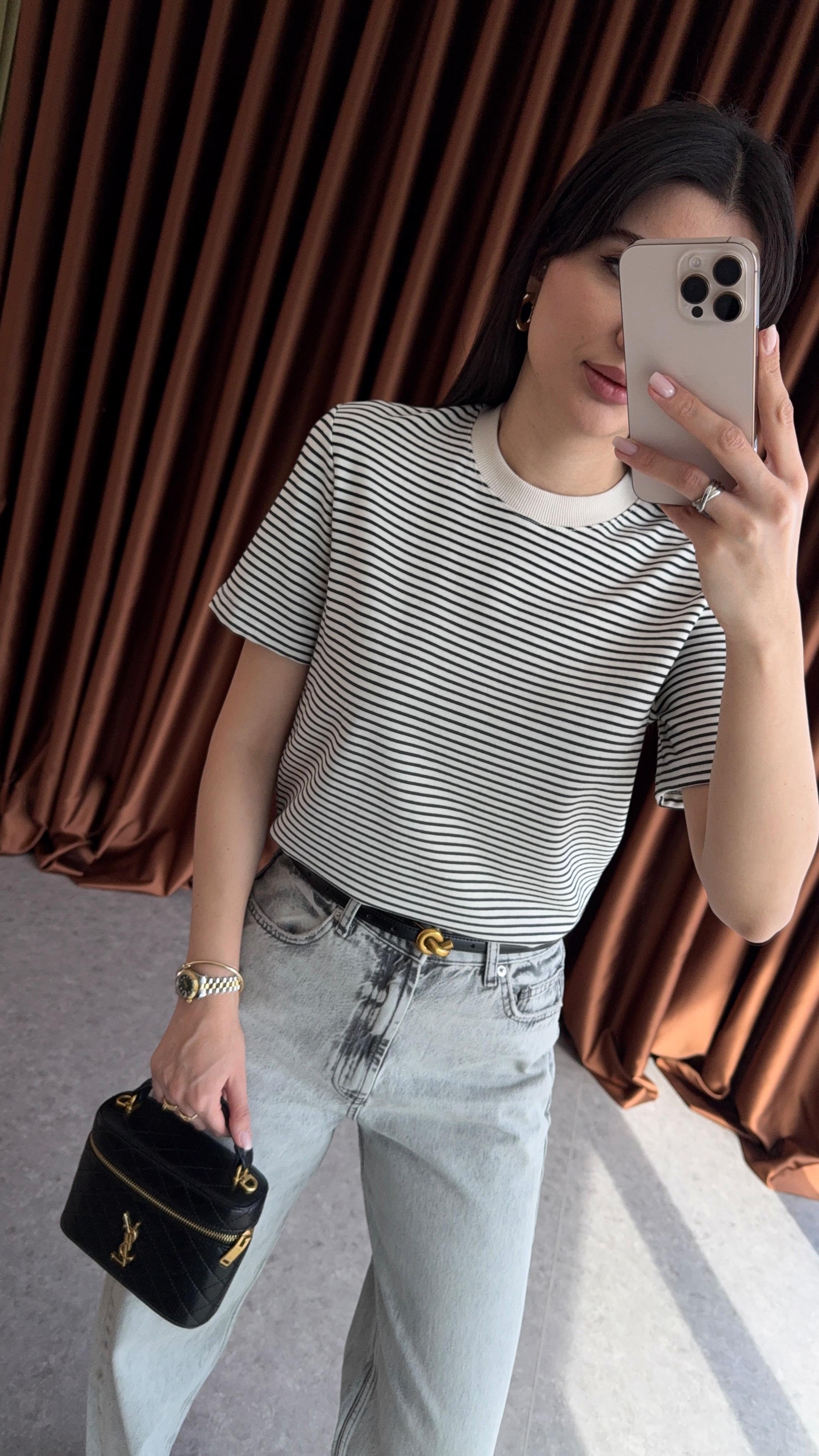 Siyah Çizgili Tok Doku Basic Tshirt