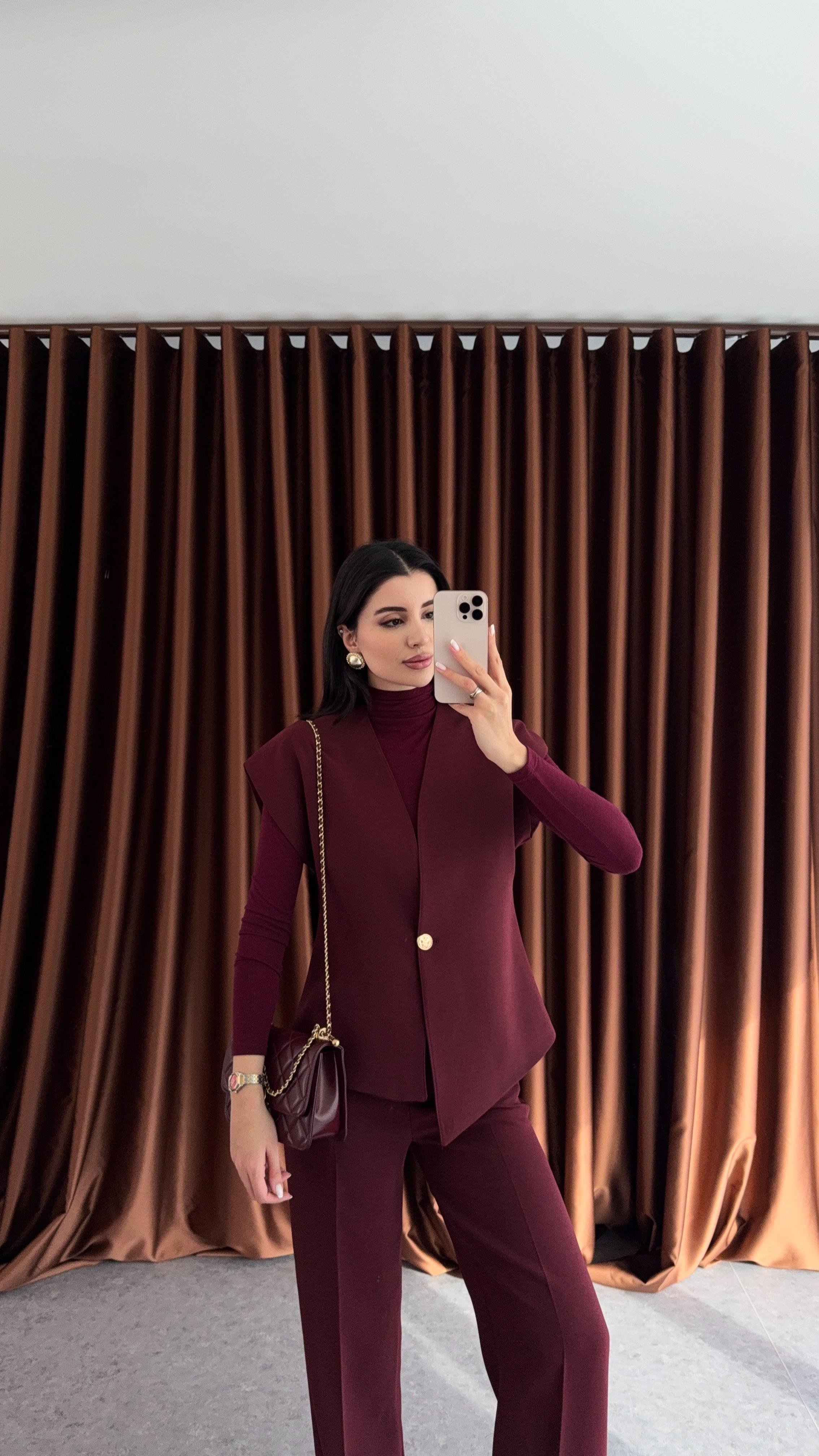 T Kol Ceketli Bordo Takım
