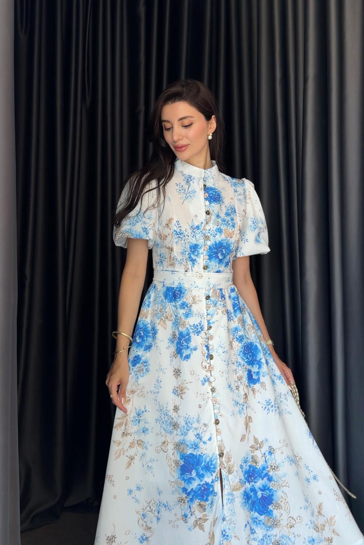 Taş Düğmeli Mavi Floral Keten Elbise