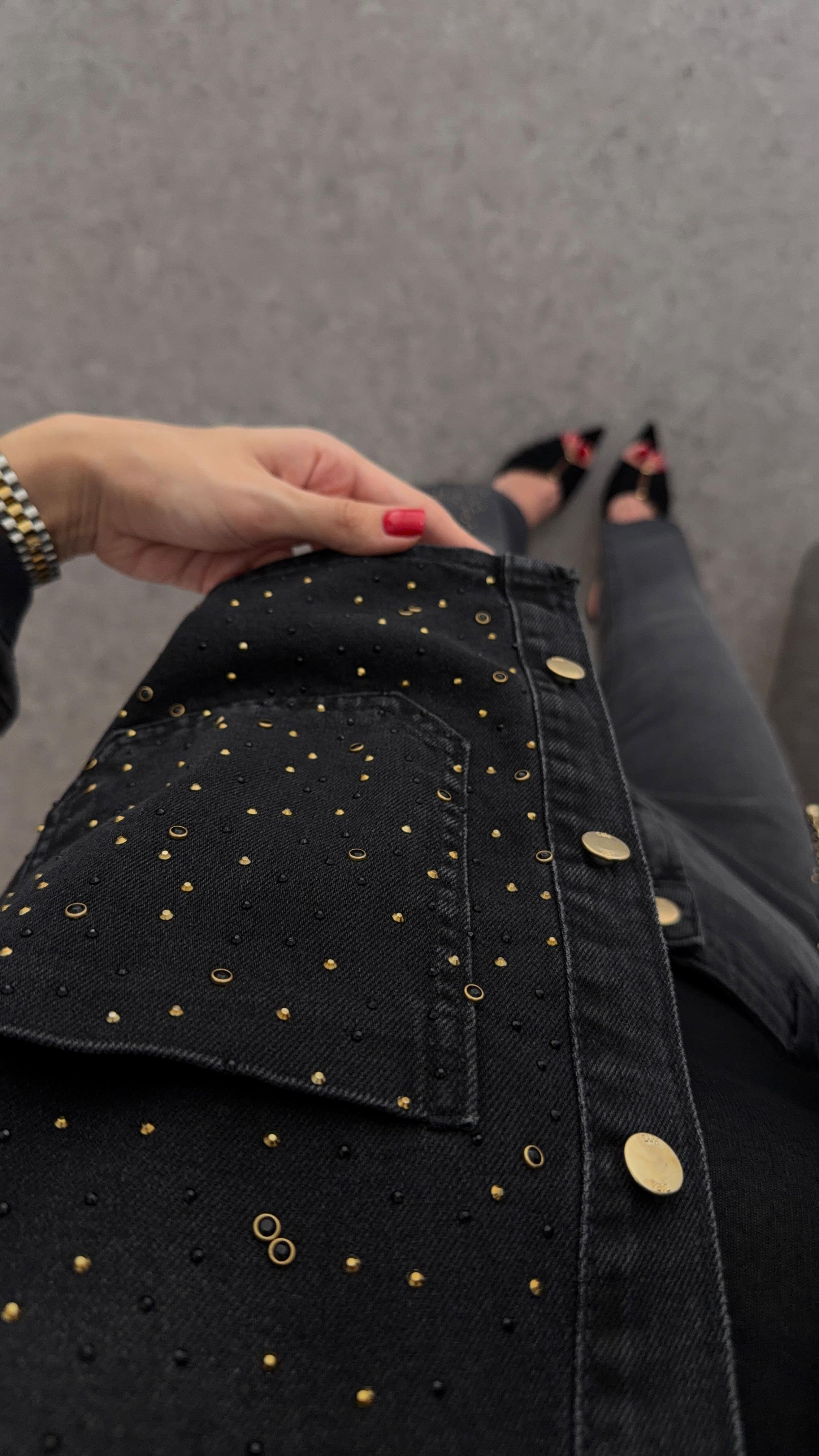 Taşlı Antrasit Denim Ceket