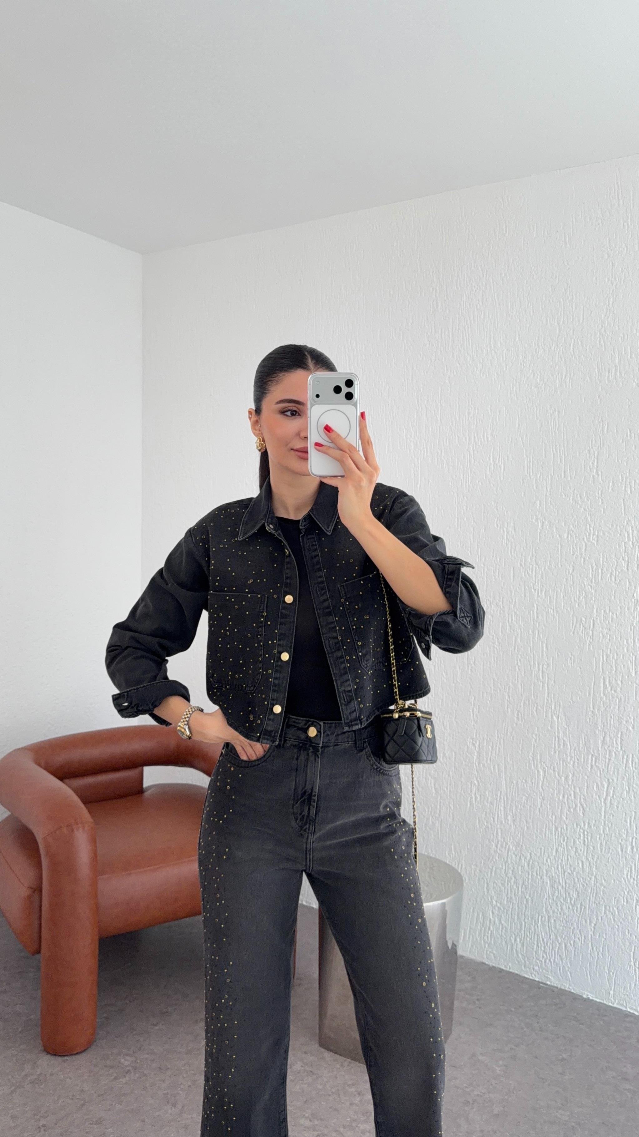 Taşlı Antrasit Denim Ceket