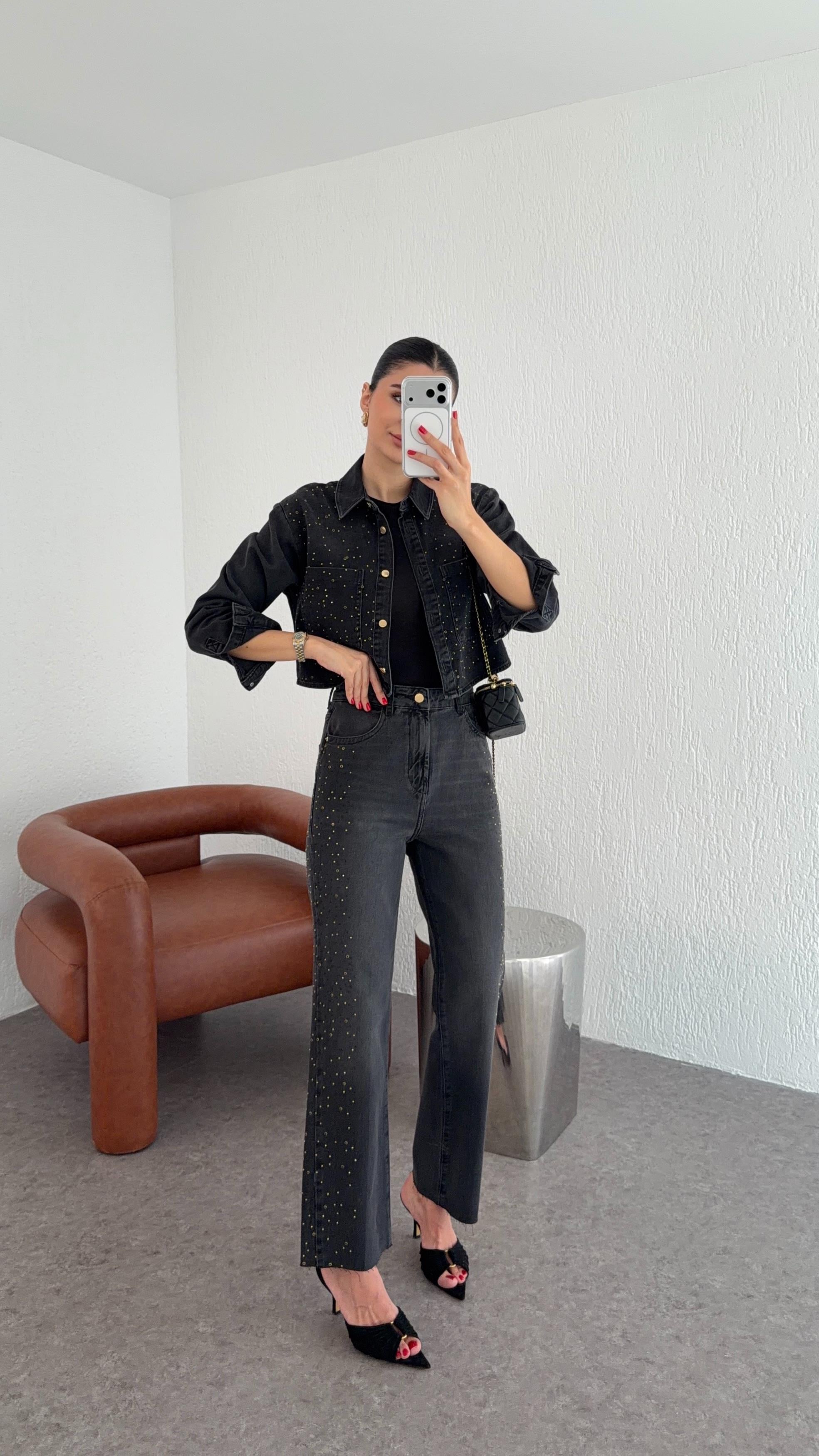 Taşlı Antrasit Jean