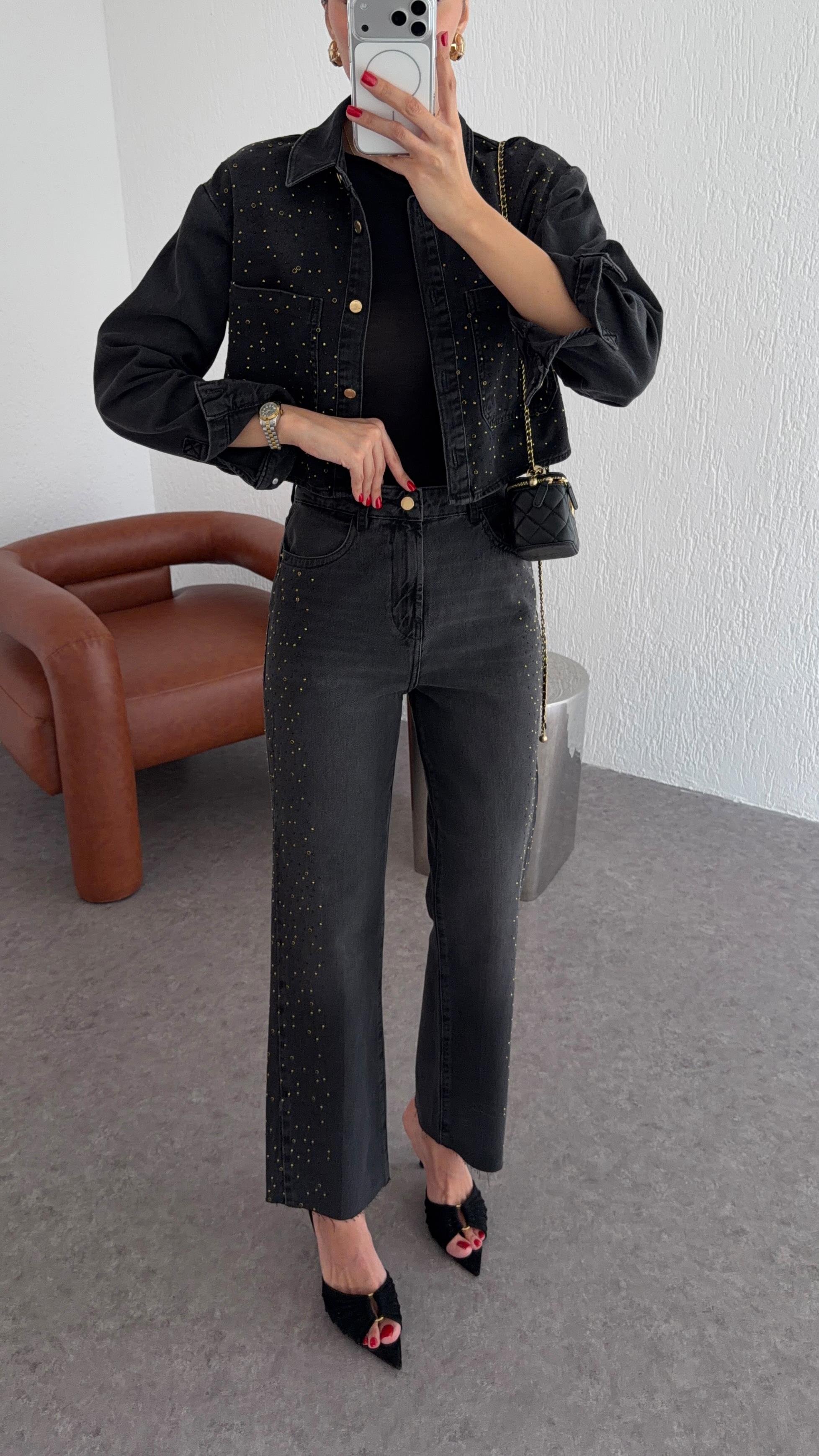 Taşlı Antrasit Jean