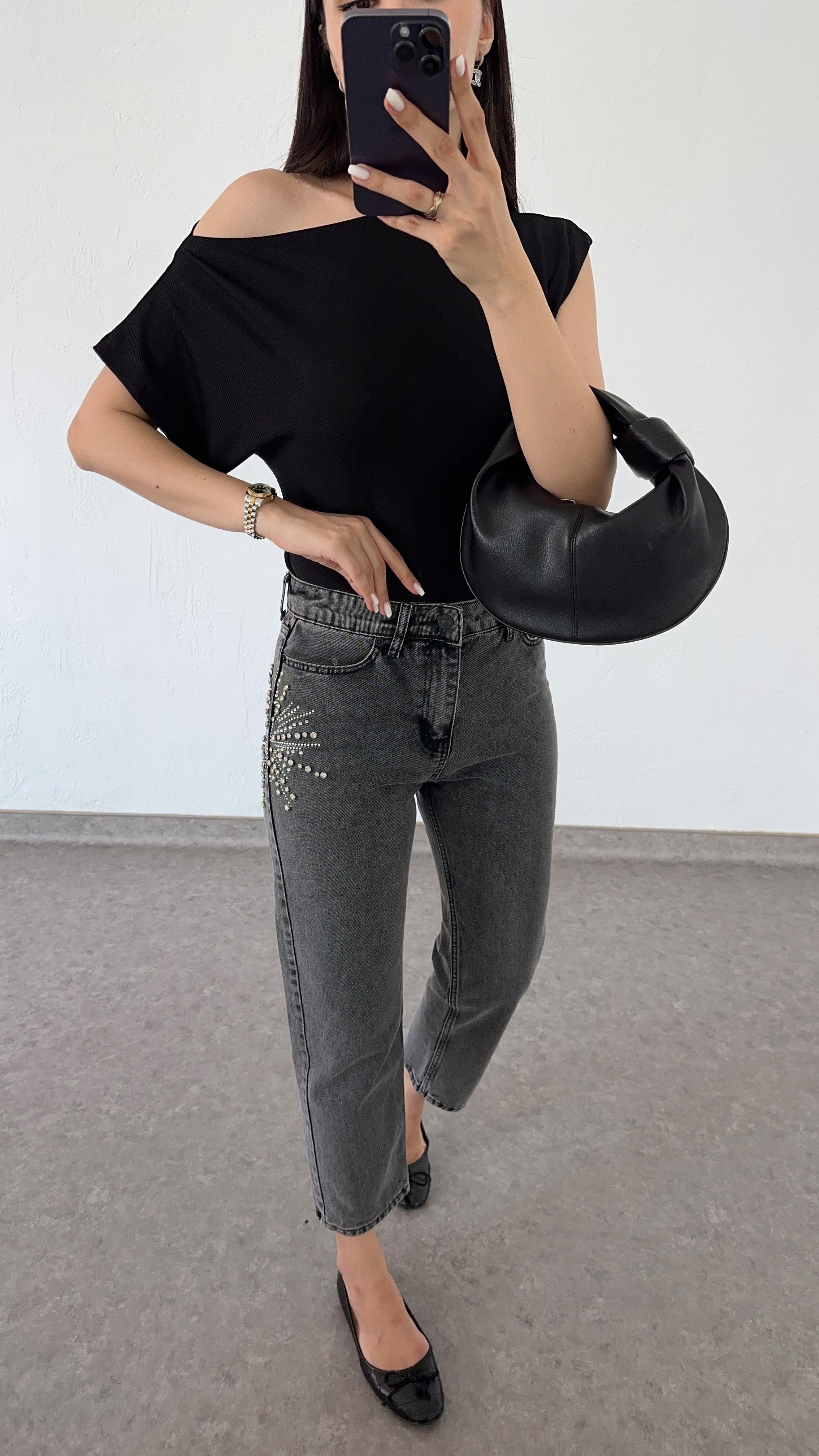 Taşlı Antrasit Jean
