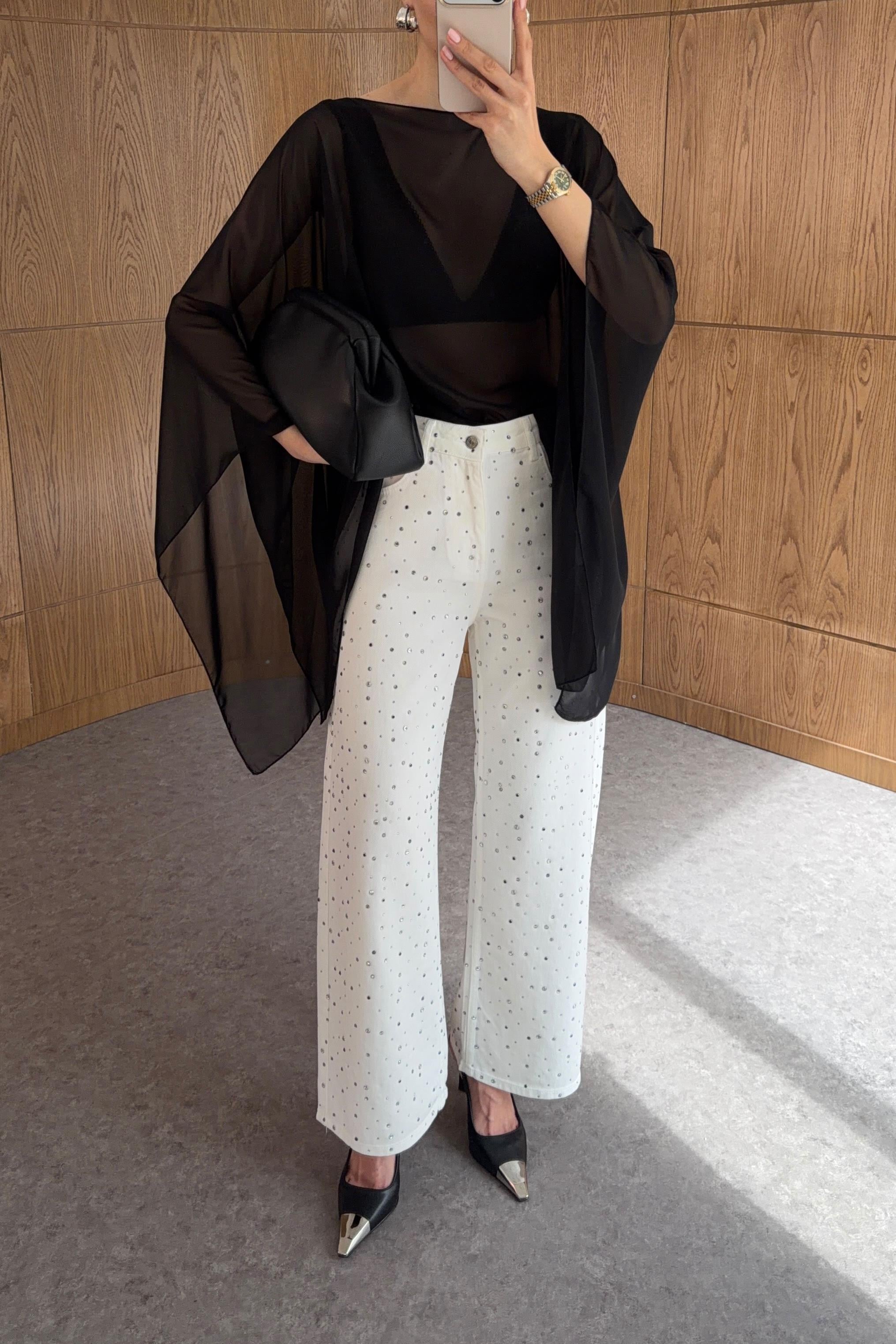 Taşlı Beyaz Wide Leg Jean