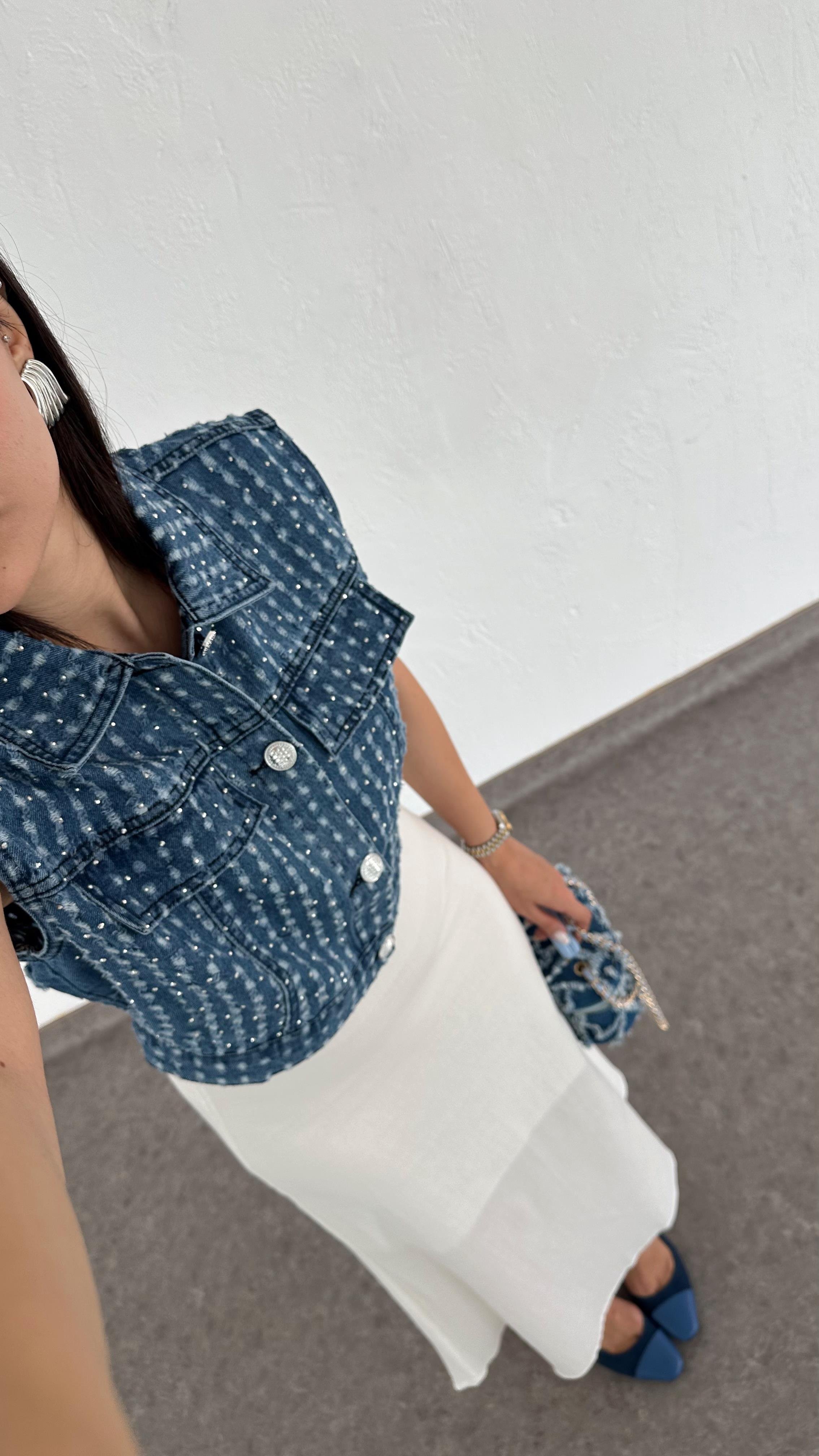 Taşlı Denim Yelek