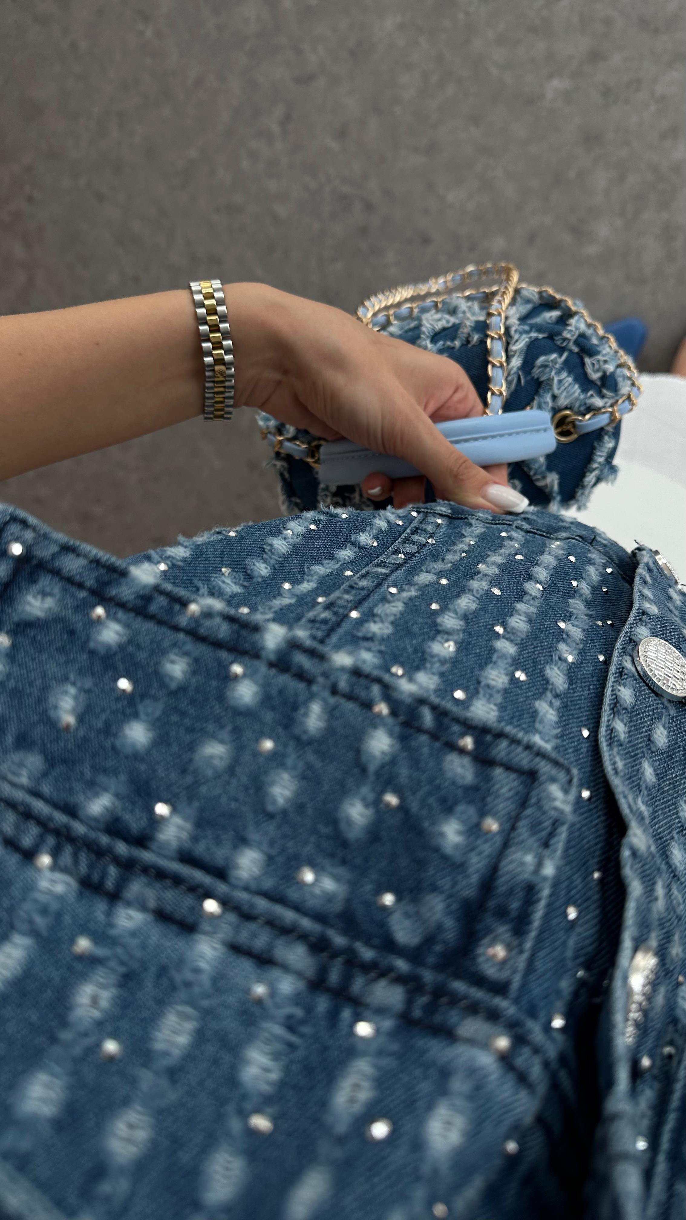Taşlı Denim Yelek