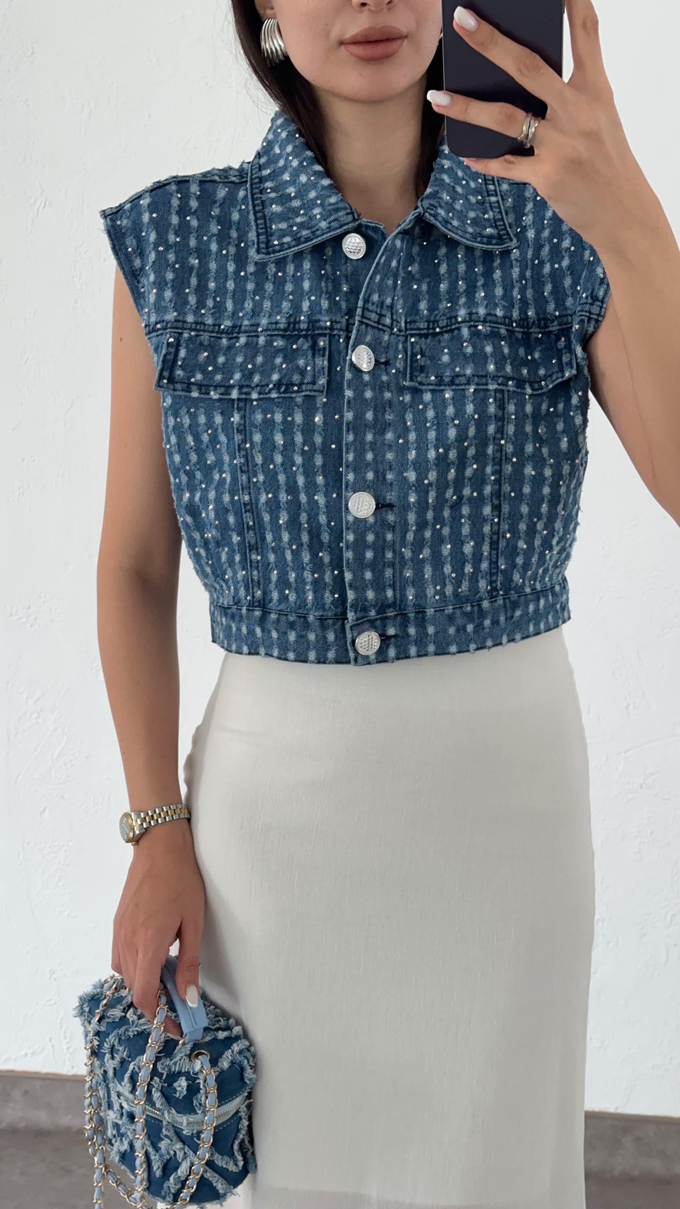 Taşlı Denim Yelek