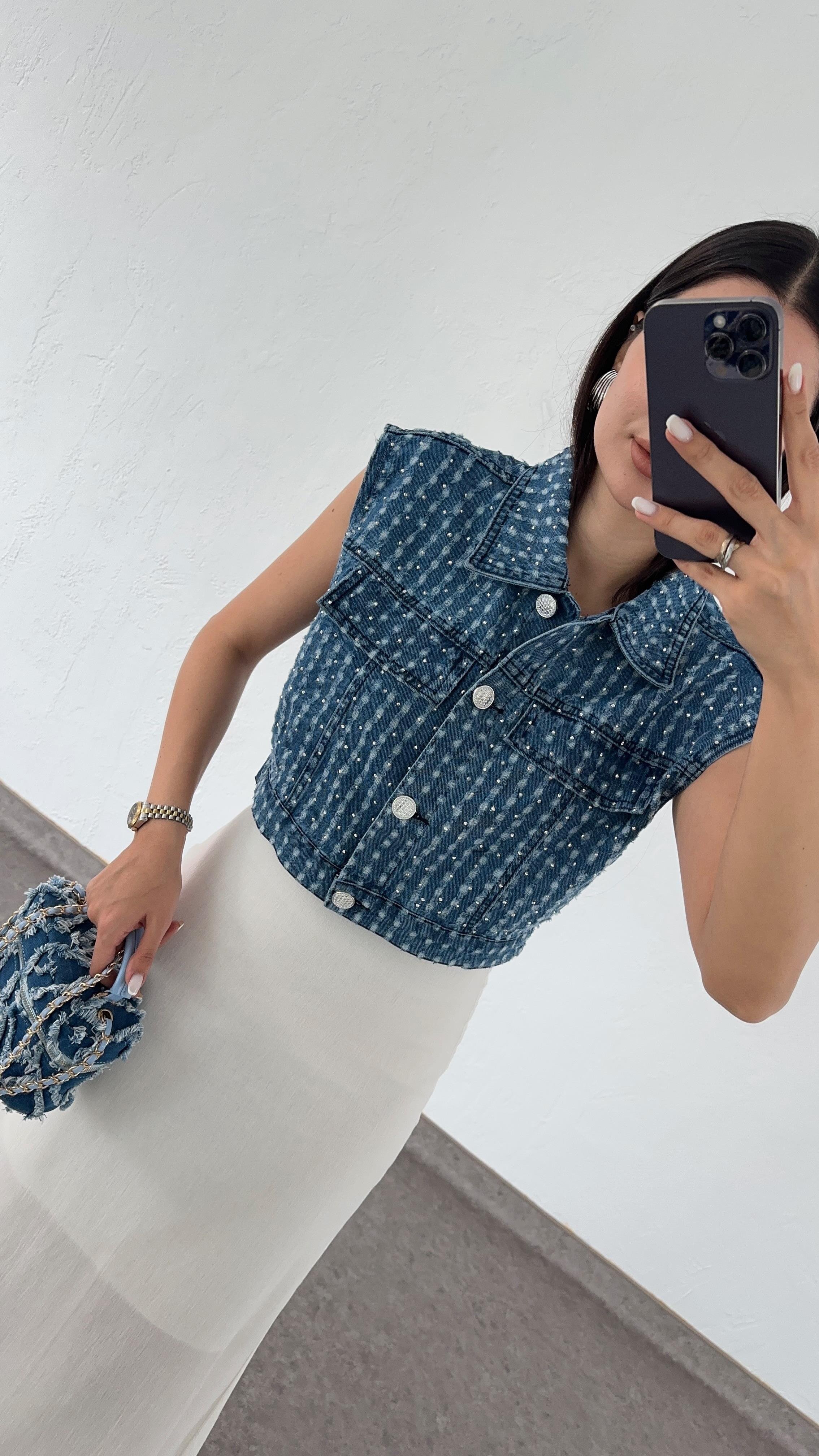 Taşlı Denim Yelek