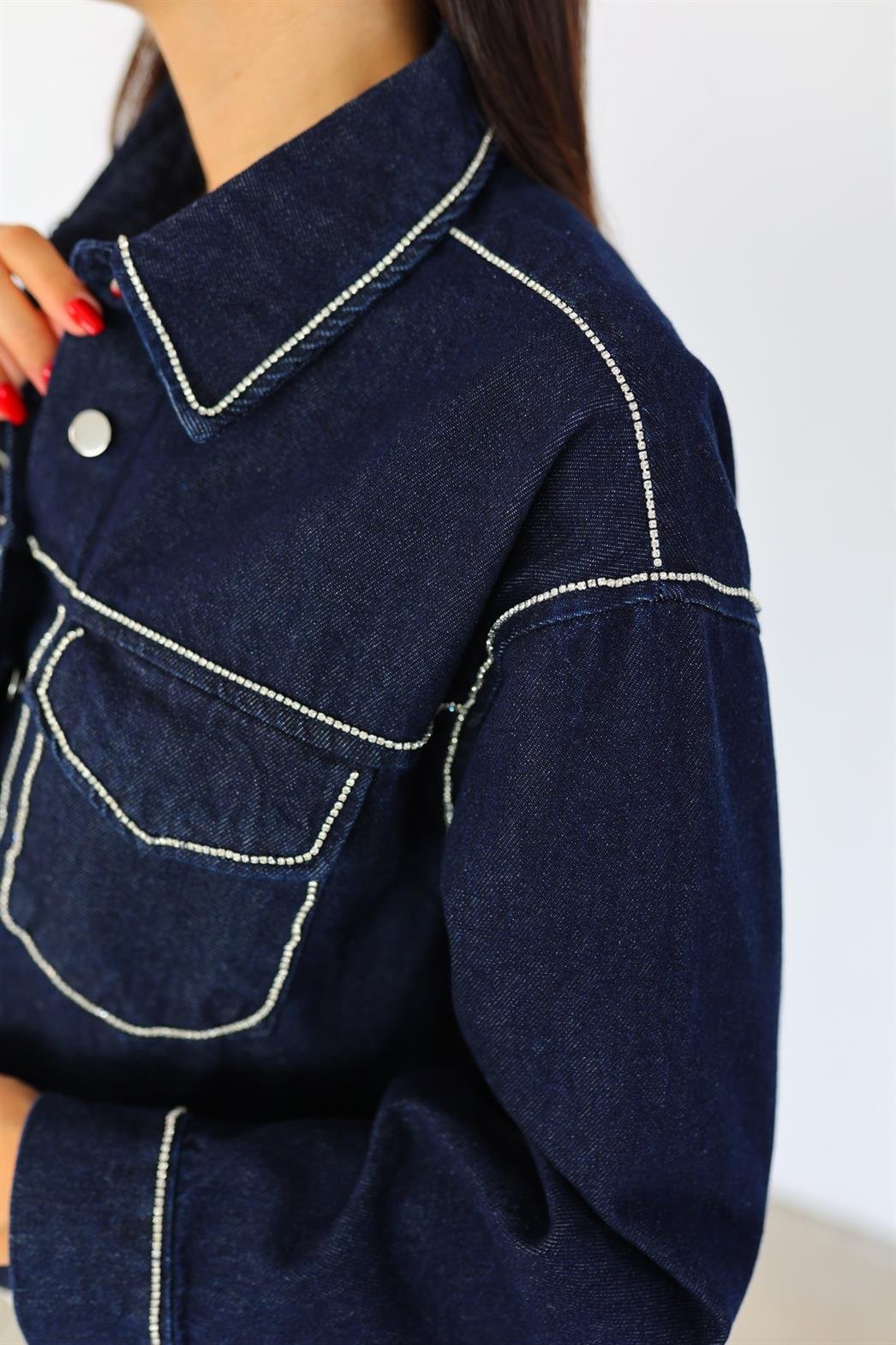 Taşlı Koyu Mavi Denim Ceket