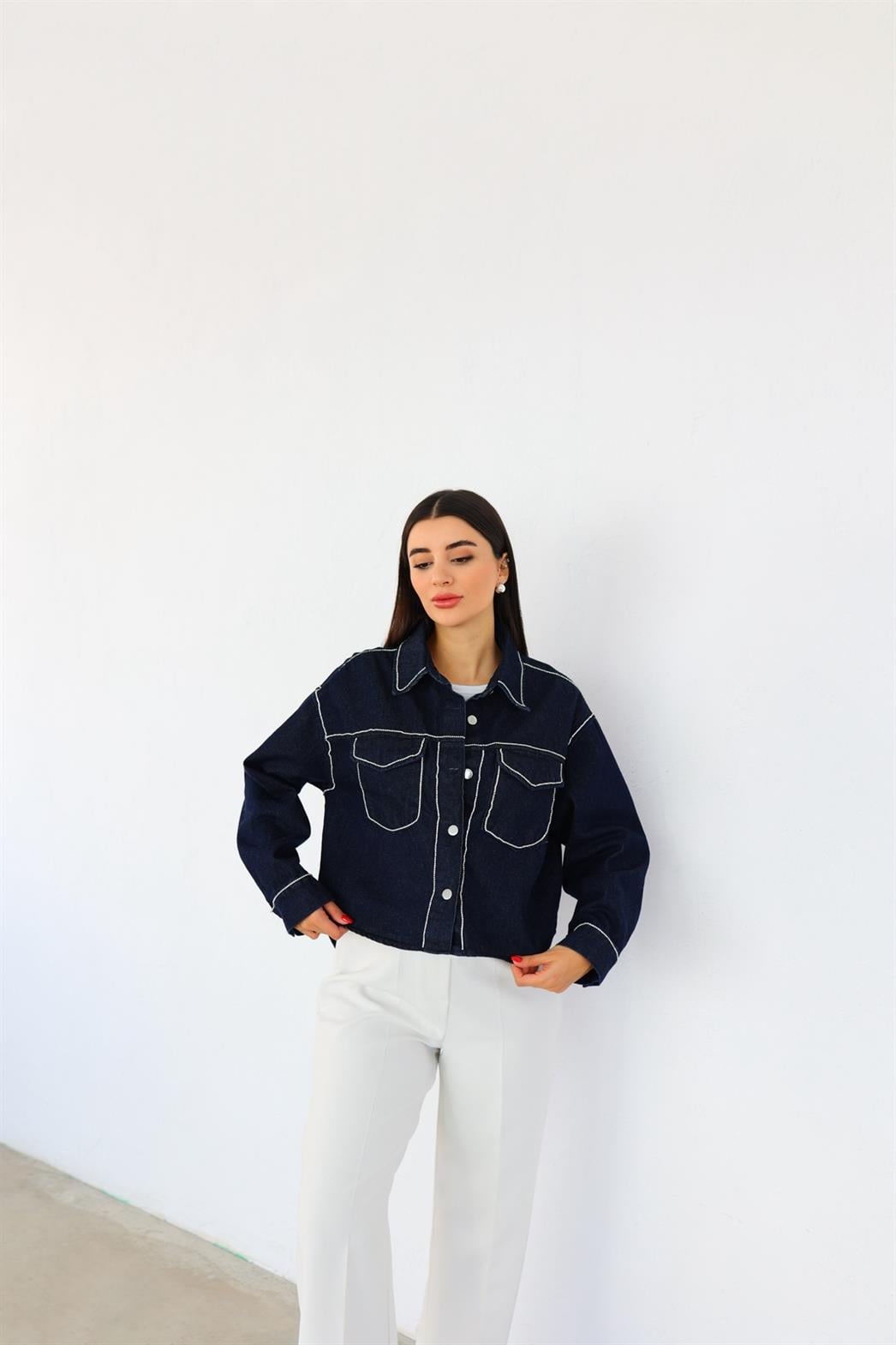 Taşlı Koyu Mavi Denim Ceket