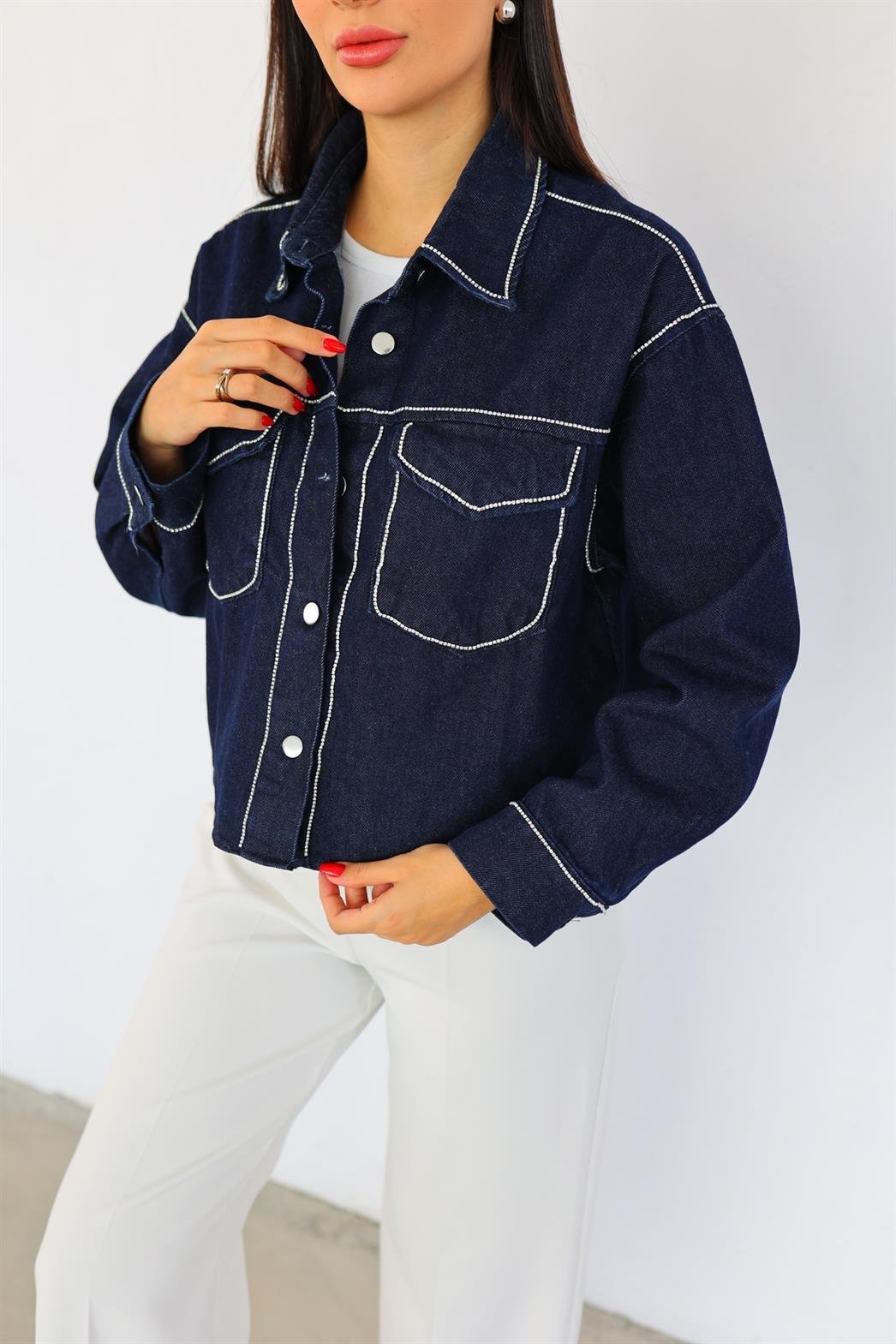 Taşlı Koyu Mavi Denim Ceket