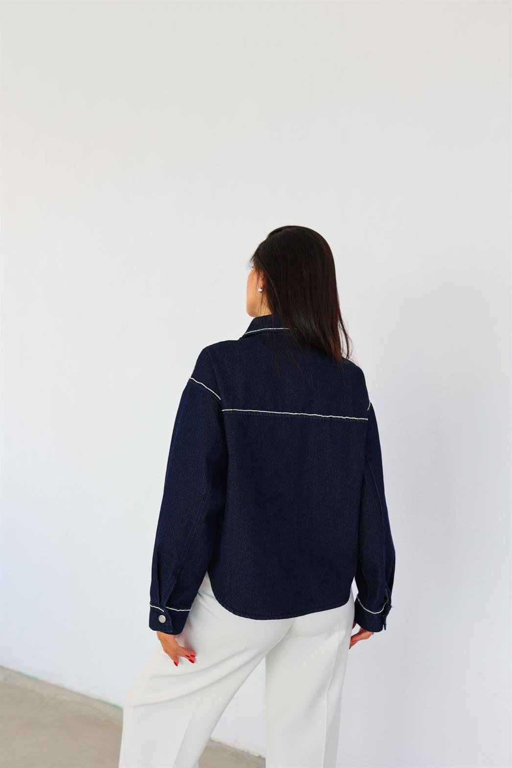 Taşlı Koyu Mavi Denim Ceket