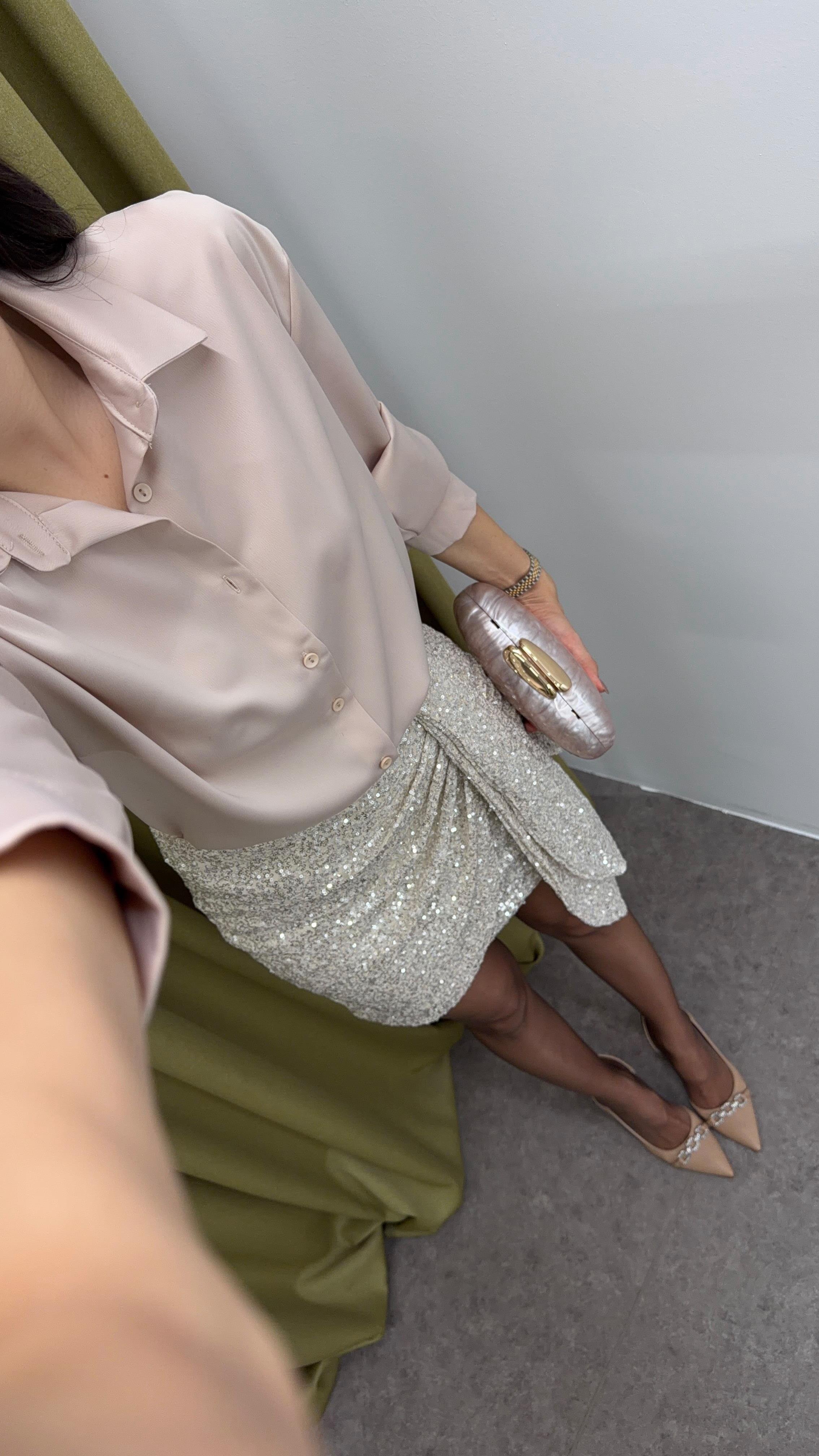 Tok Doku Saten Şampanya Gömlek