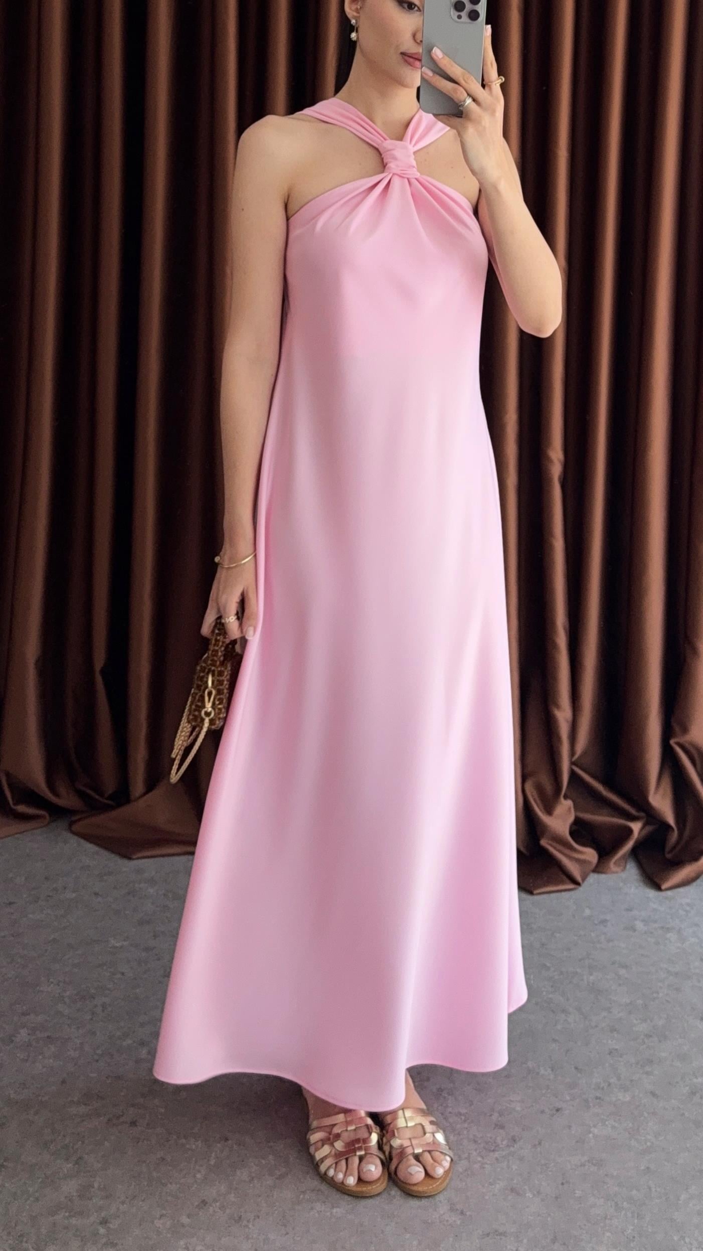 Tok Saten Pembe Elbise