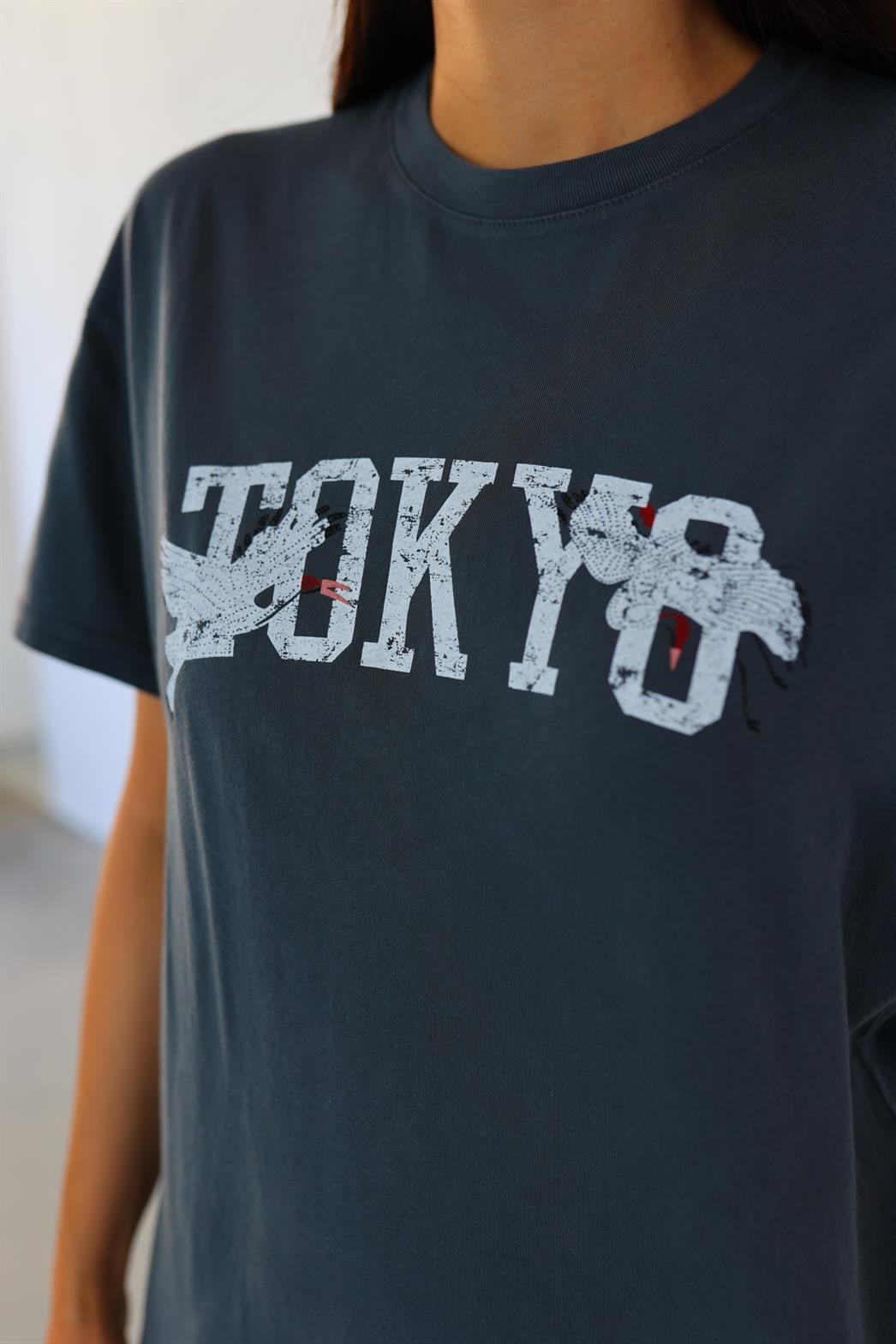 Tokyo Yıkamalı Baskılı Tshirt