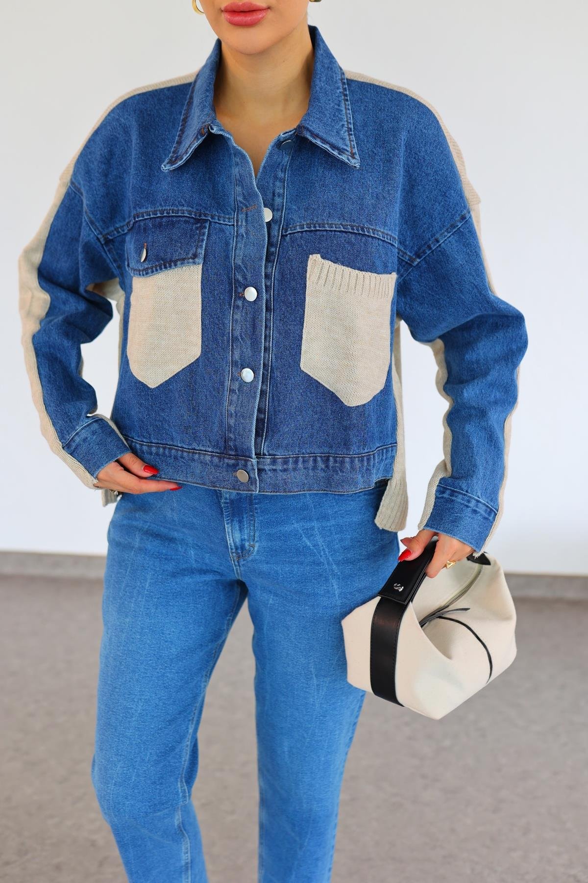 Triko Garnili Denim Ceket
