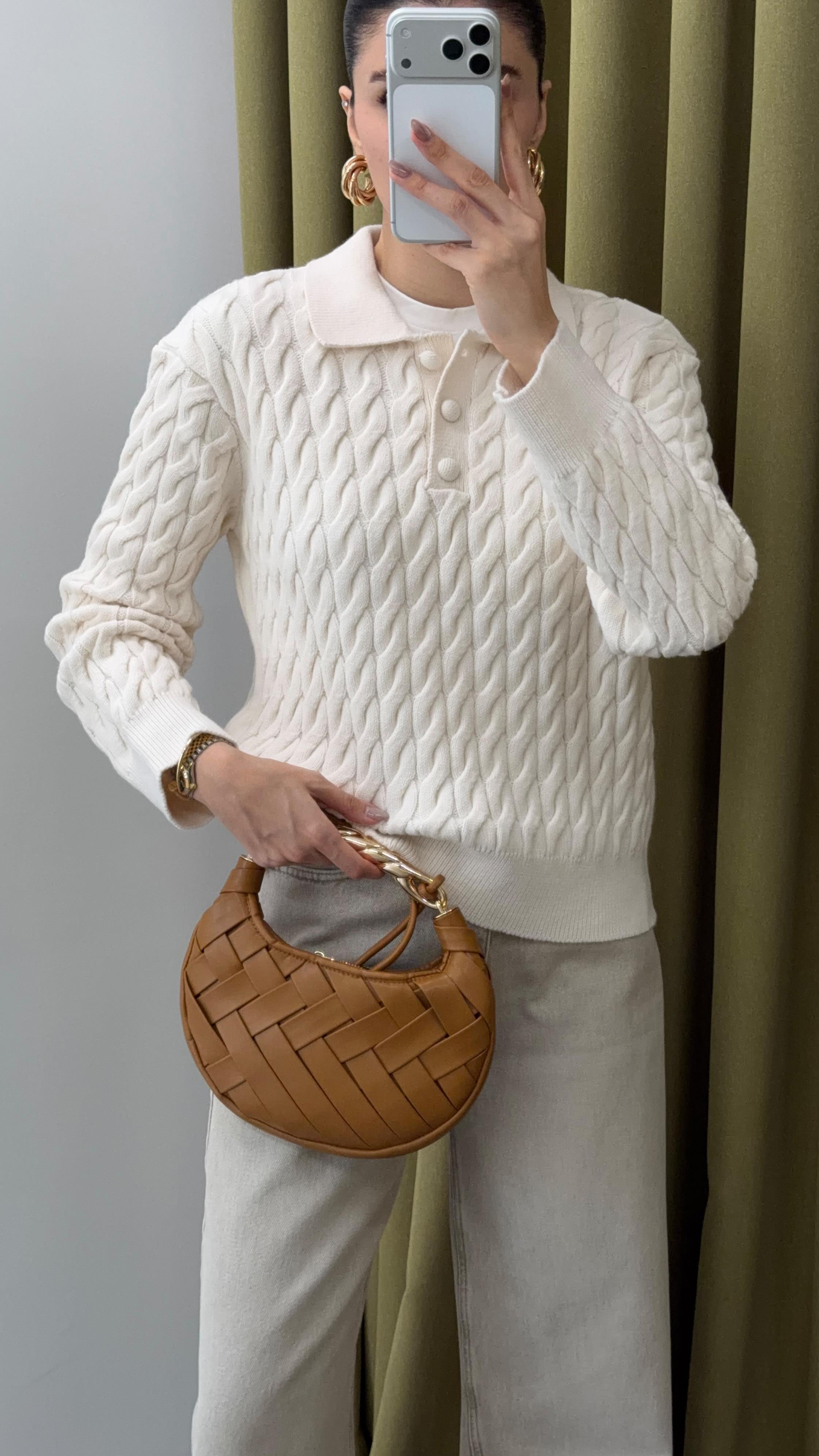 Uzun Kollu Ekru Örgü Triko