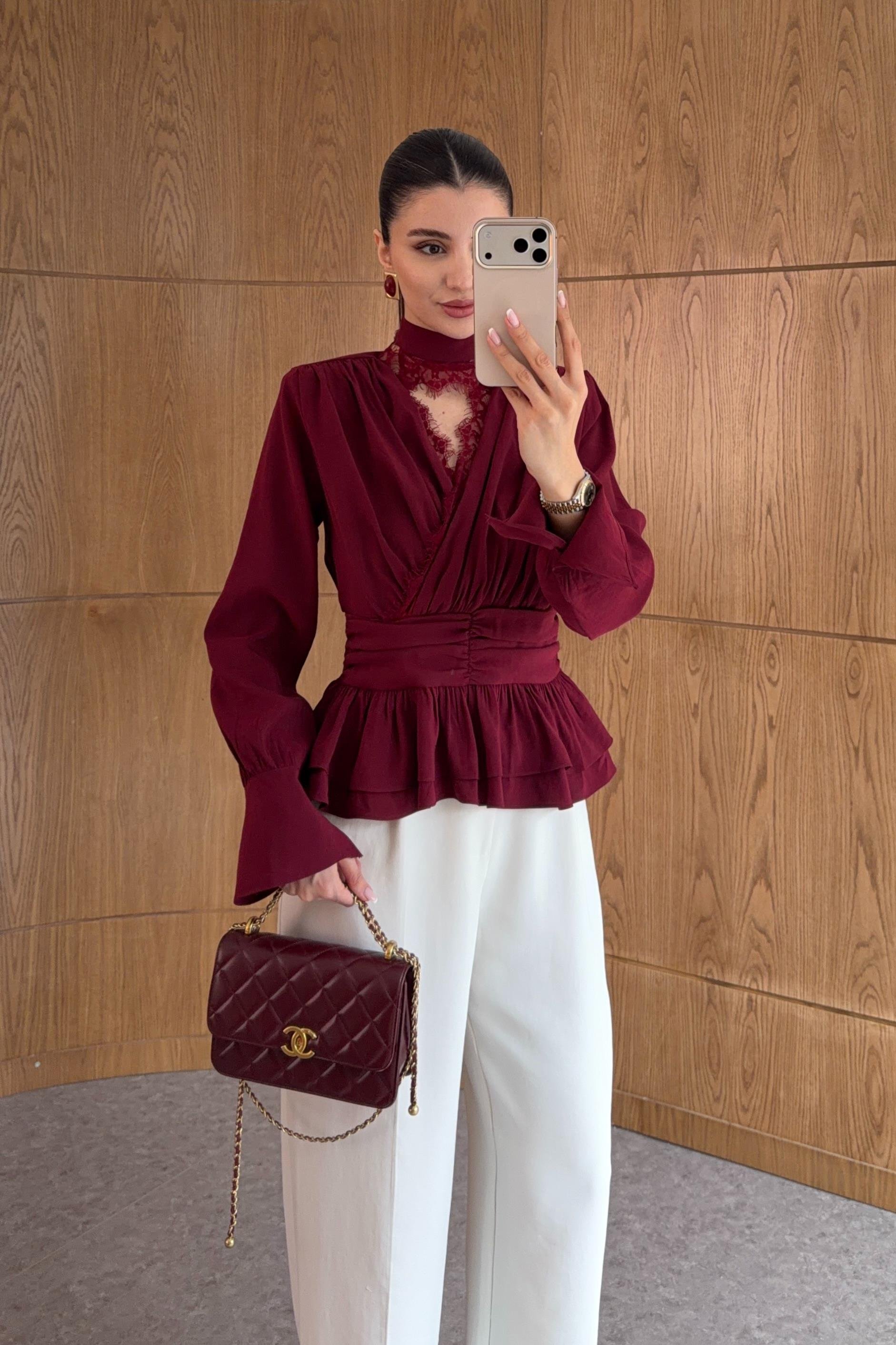 Vatkalı Modal Dantelli Bordo Bluz