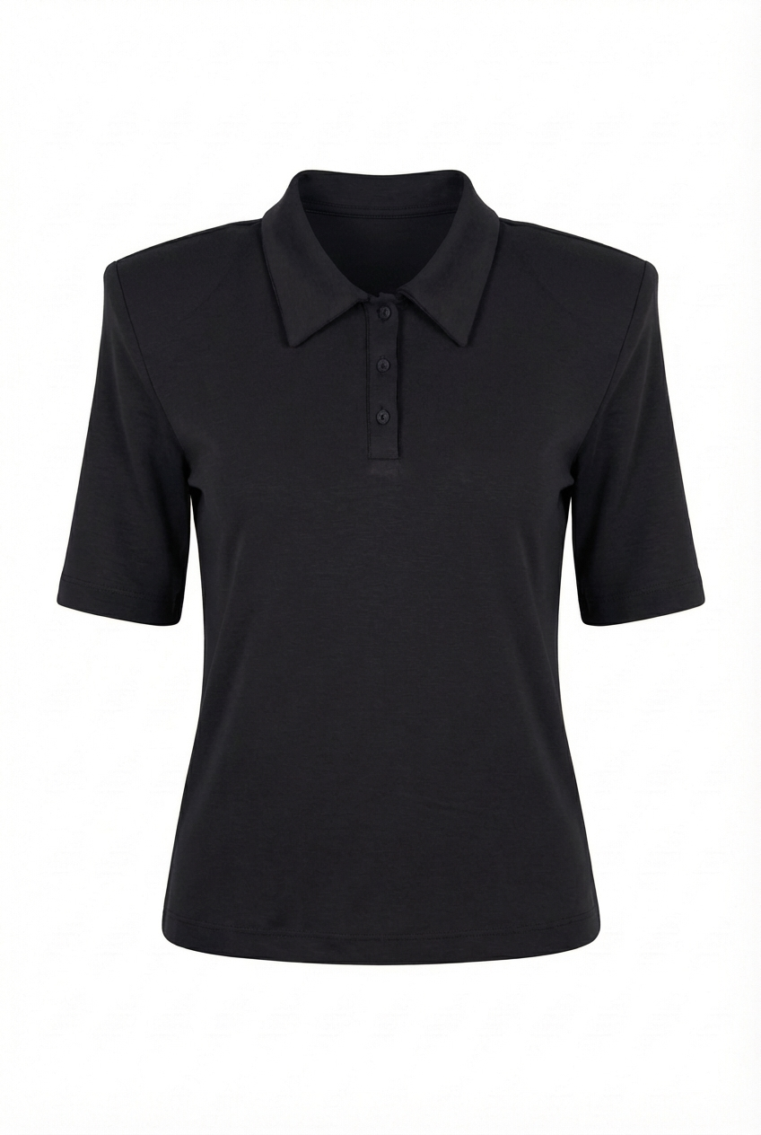 Vatkalı Polo Yaka Siyah Crop Tshirt
