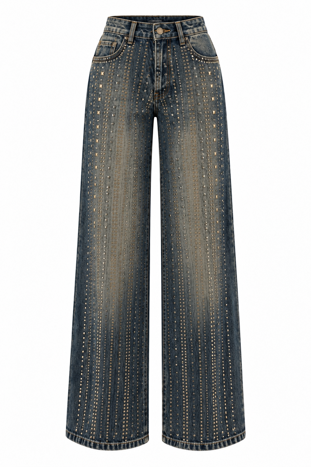 Vintage Yıkamalı Zımba İşlemeli Wide Leg Denim 