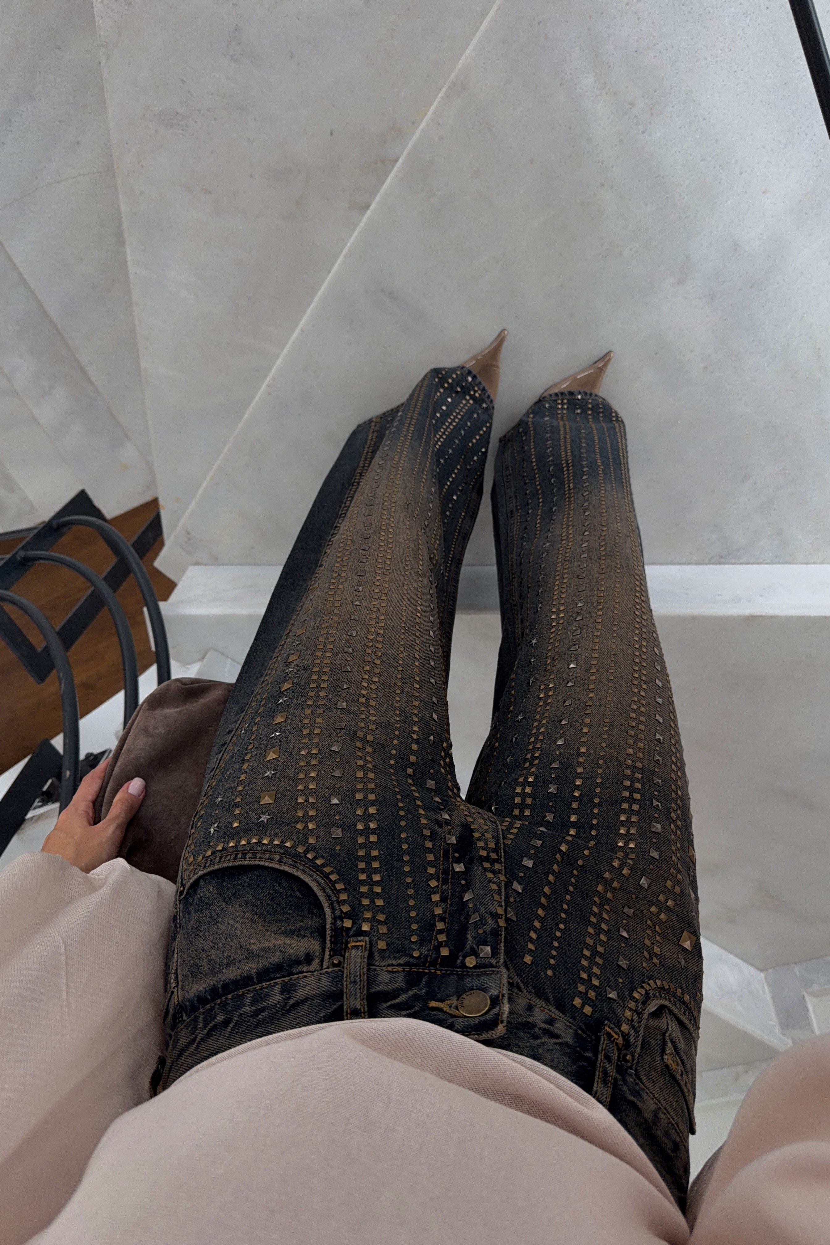 Vintage Yıkamalı Zımba İşlemeli Wide Leg Denim 