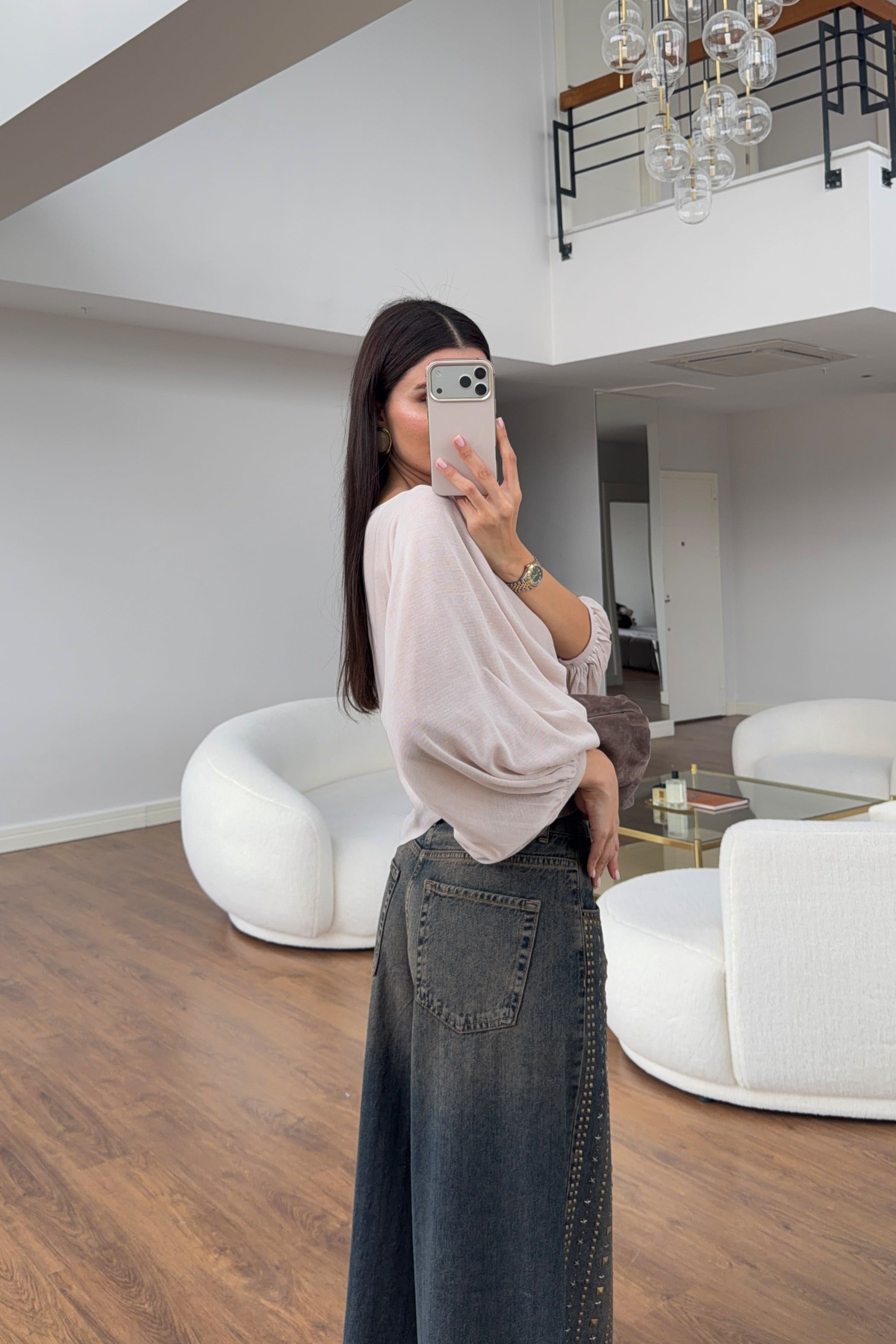 Vintage Yıkamalı Zımba İşlemeli Wide Leg Denim 