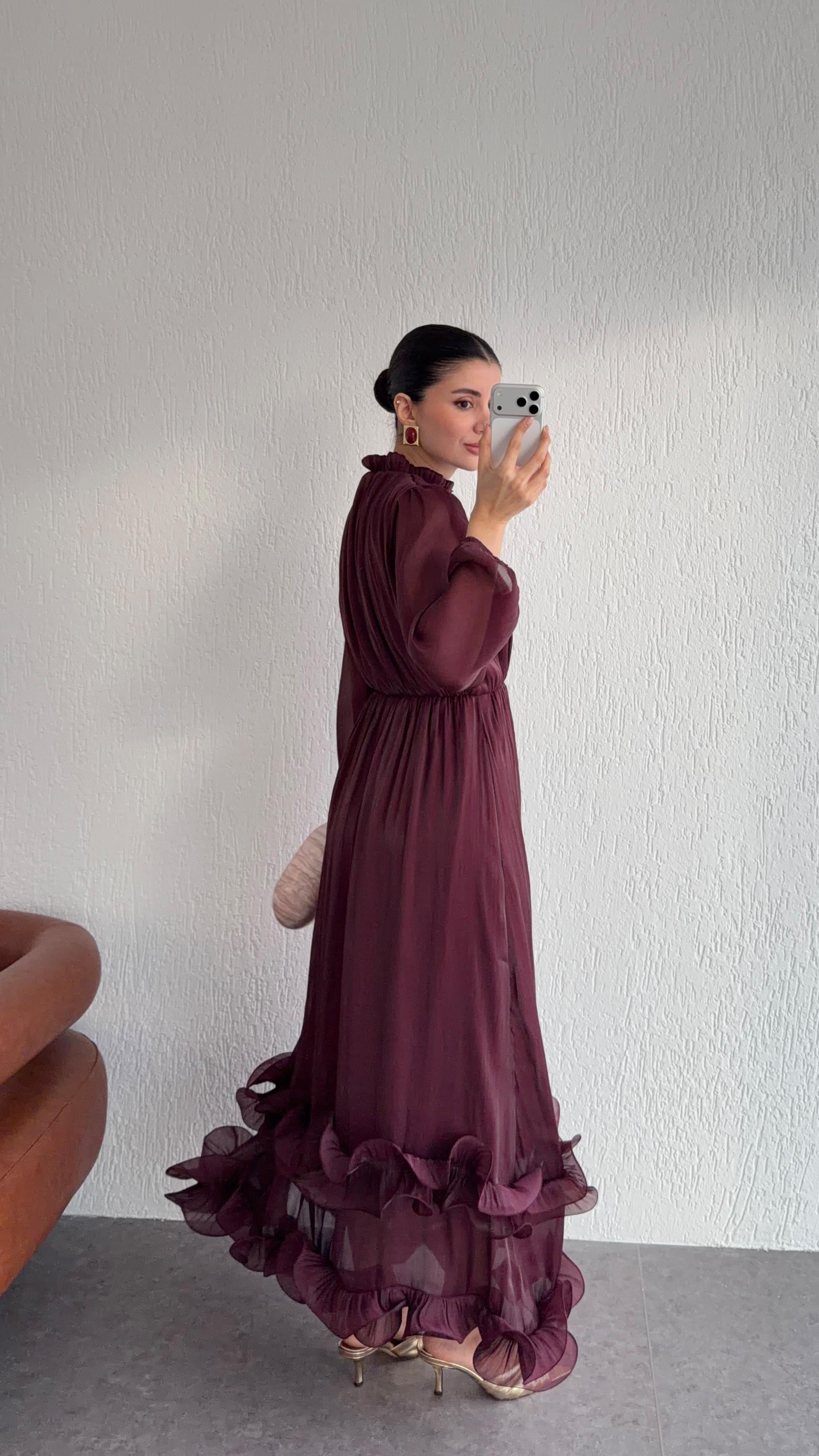 Volanlı Bordo Uzun Elbise
