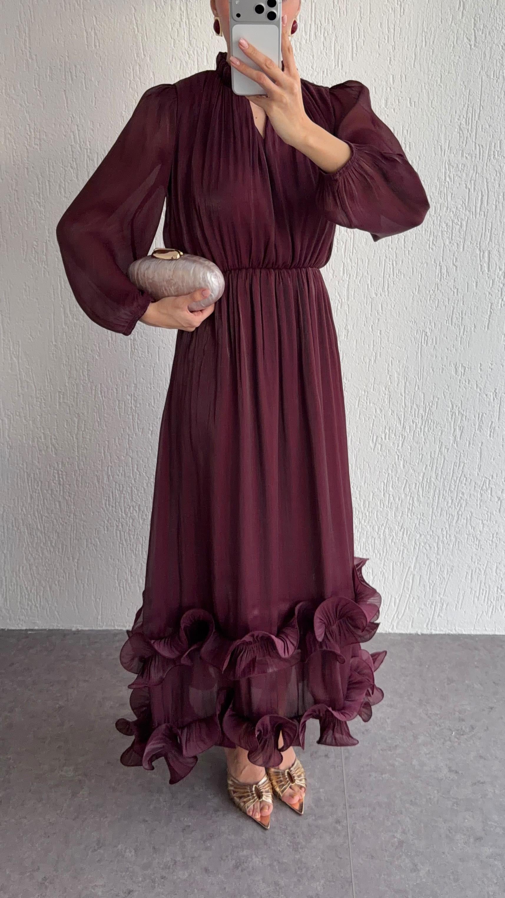 Volanlı Bordo Uzun Elbise