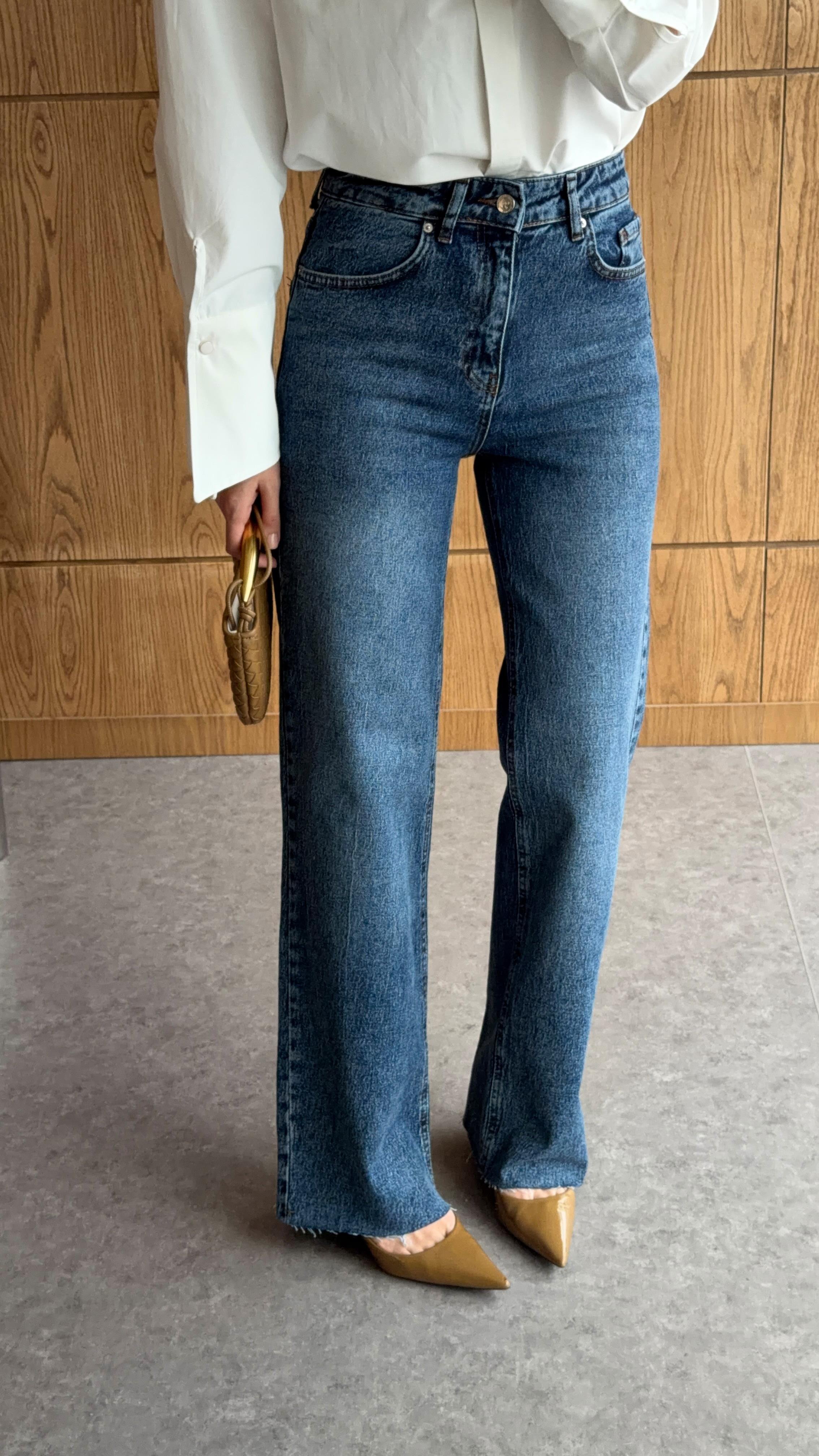 Wide Leg Kesik Paça Mavi Jean