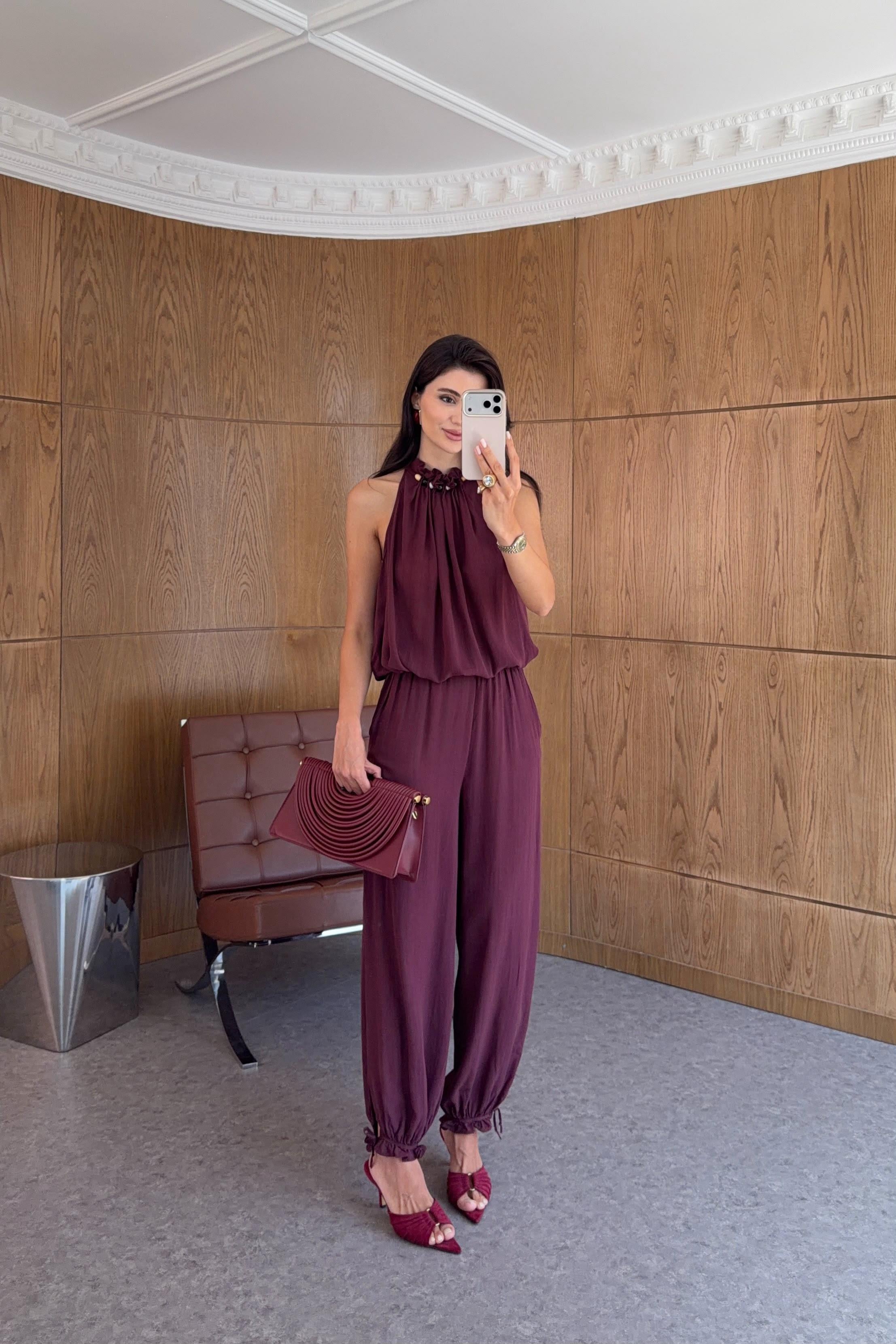 Yaka Detaylı Lyocell Bordo Bluz-Pantolon Takım