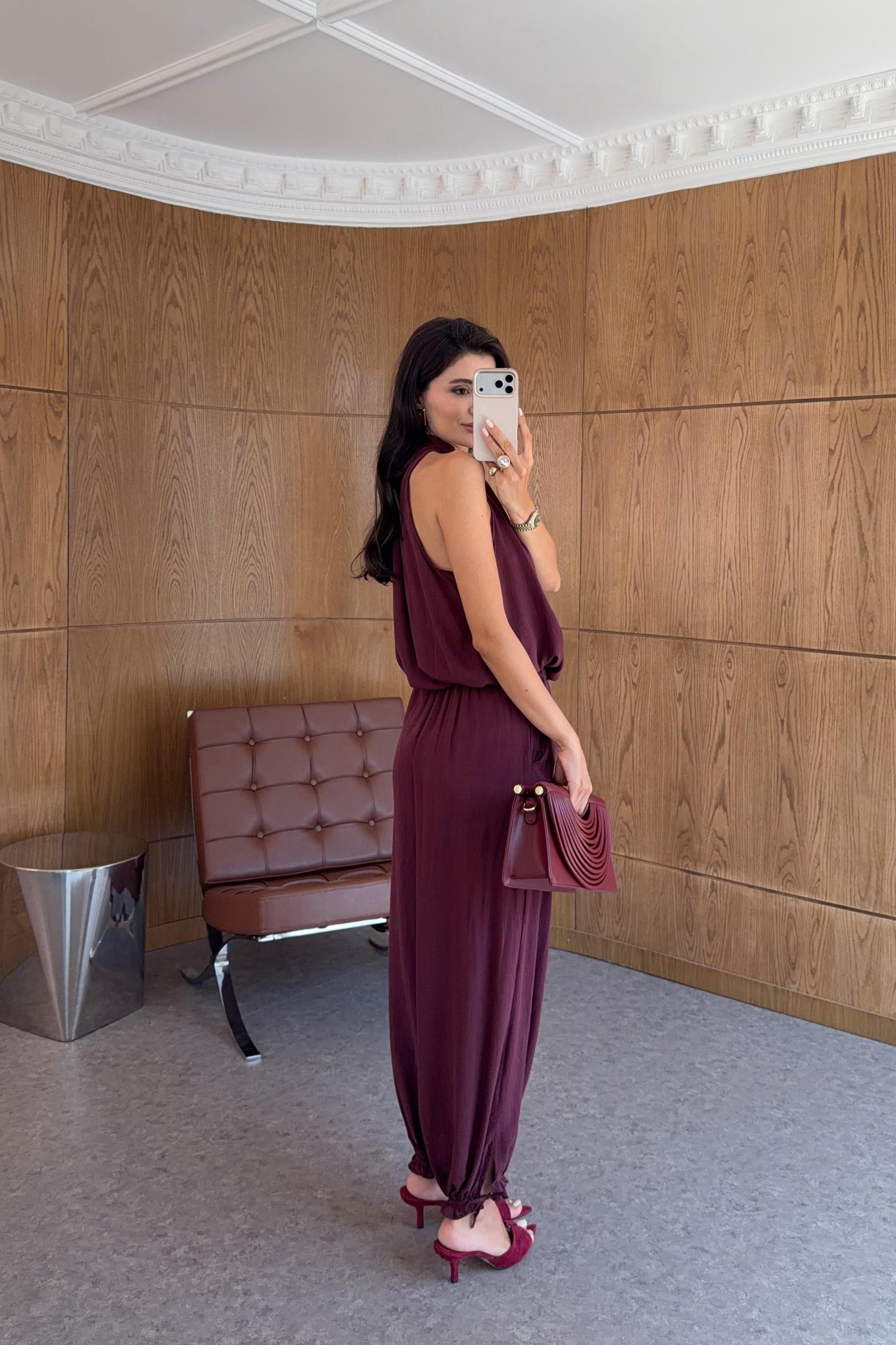 Yaka Detaylı Lyocell Bordo Bluz-Pantolon Takım