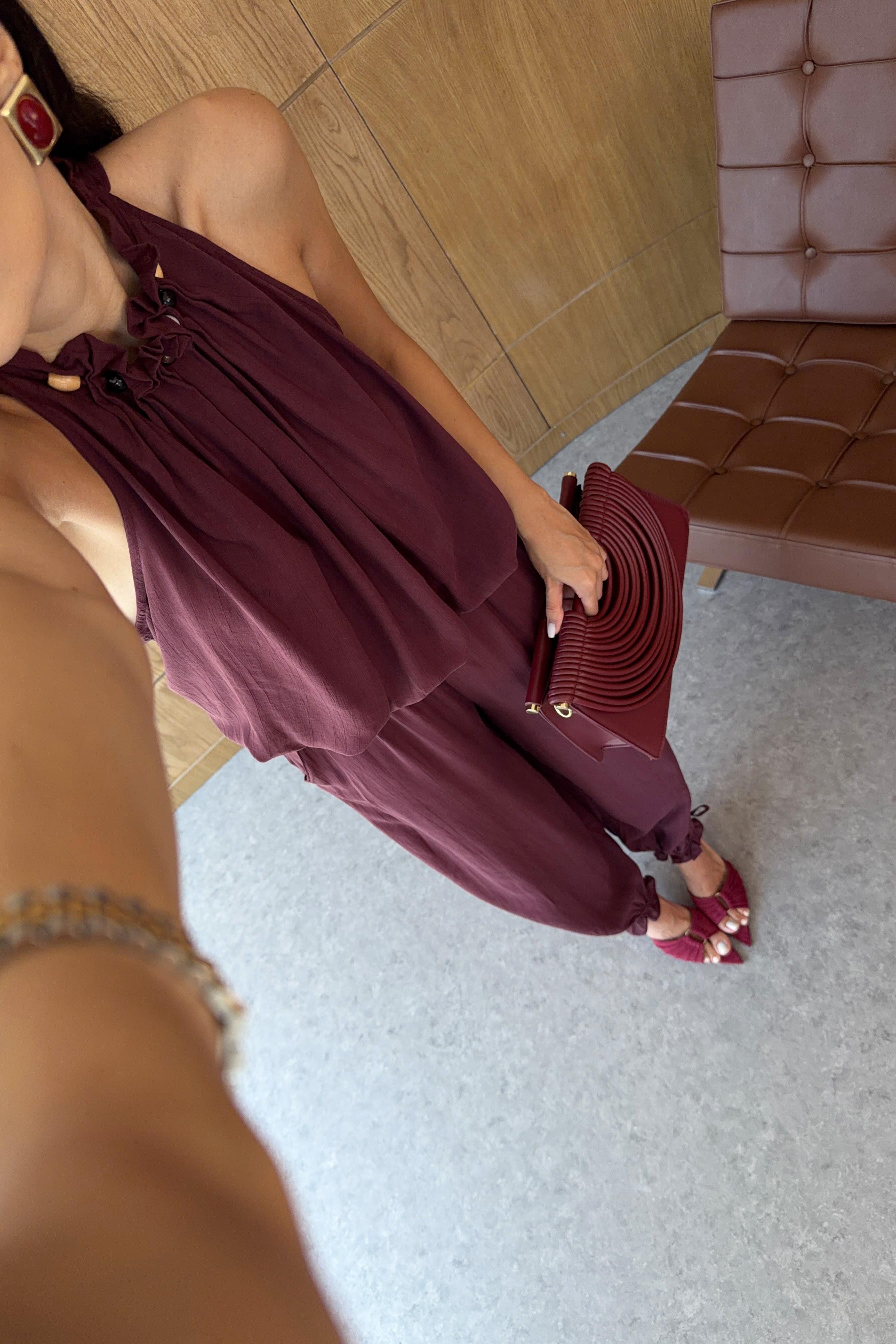 Yaka Detaylı Lyocell Bordo Bluz-Pantolon Takım