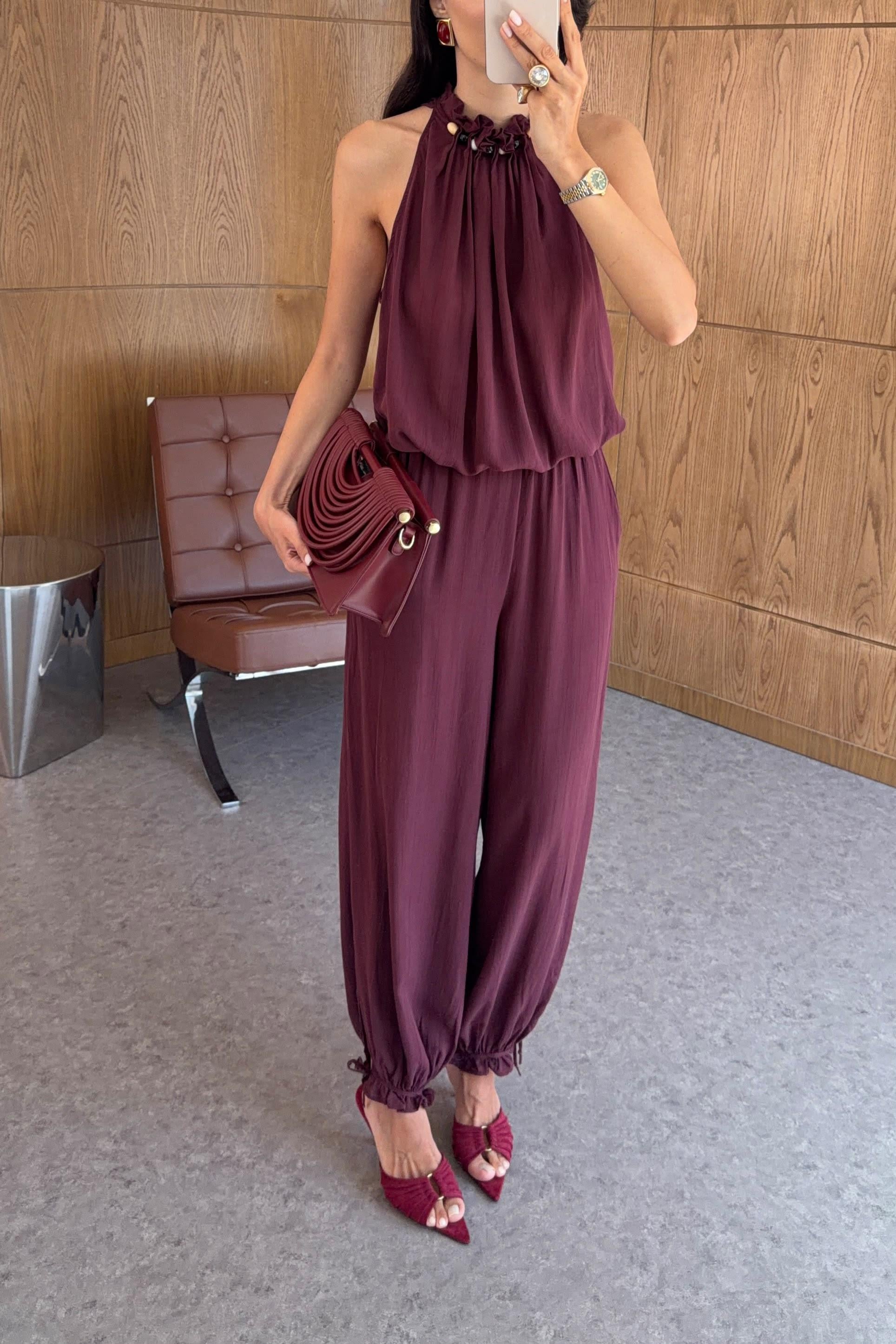 Yaka Detaylı Lyocell Bordo Bluz-Pantolon Takım