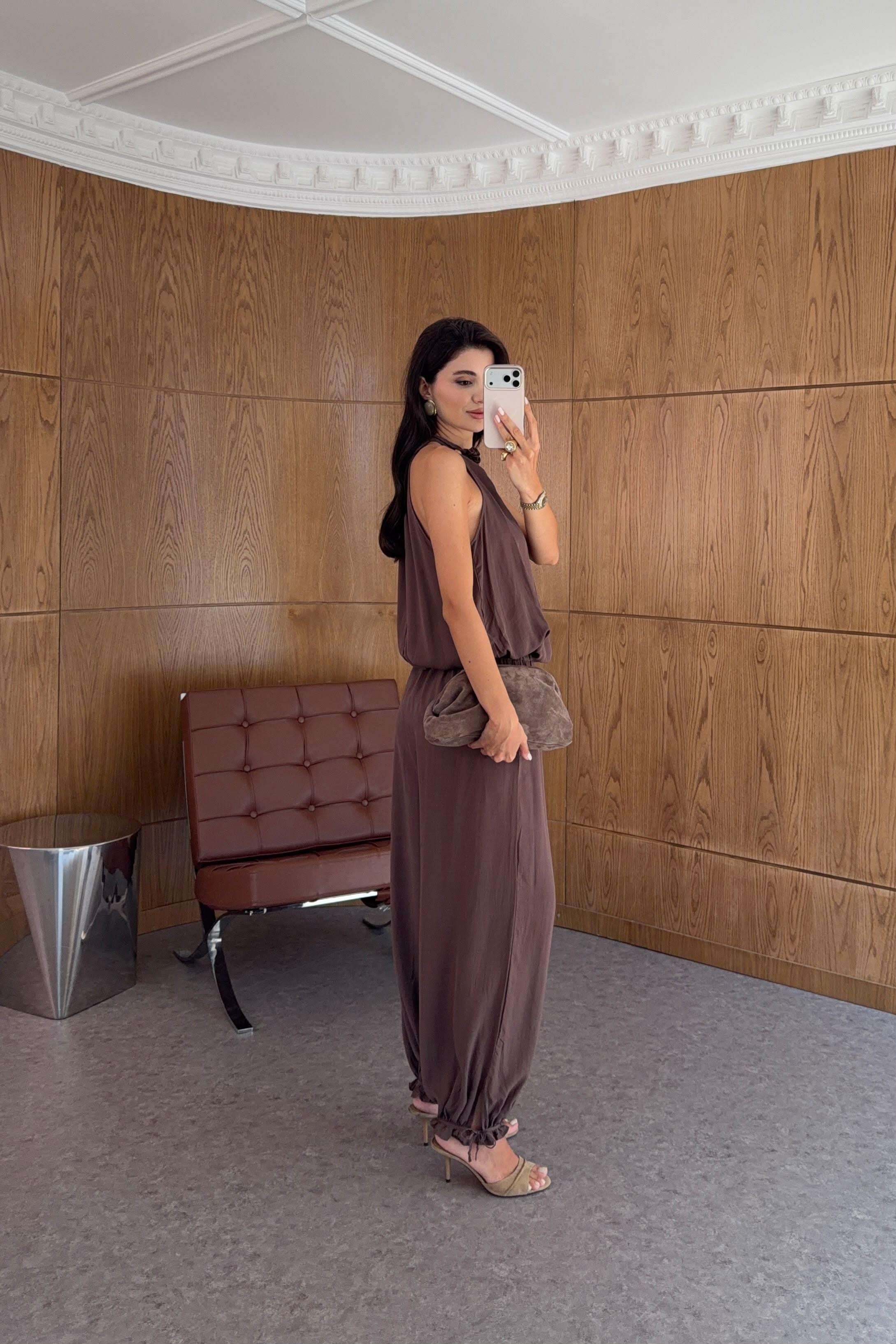 Yaka Detaylı Lyocell Kahverengi Bluz-Pantolon Takım