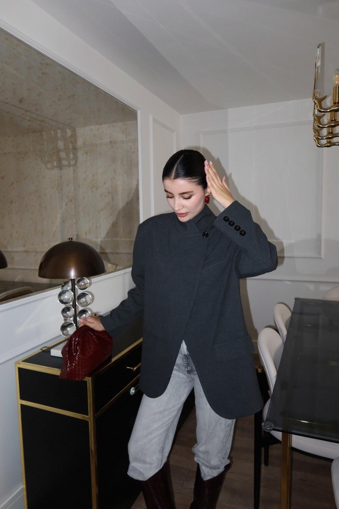 Yaka Düğmeli Antrasit Blazer(11 Kasımda Kargolanacaktır,Ön Sipariştir.)