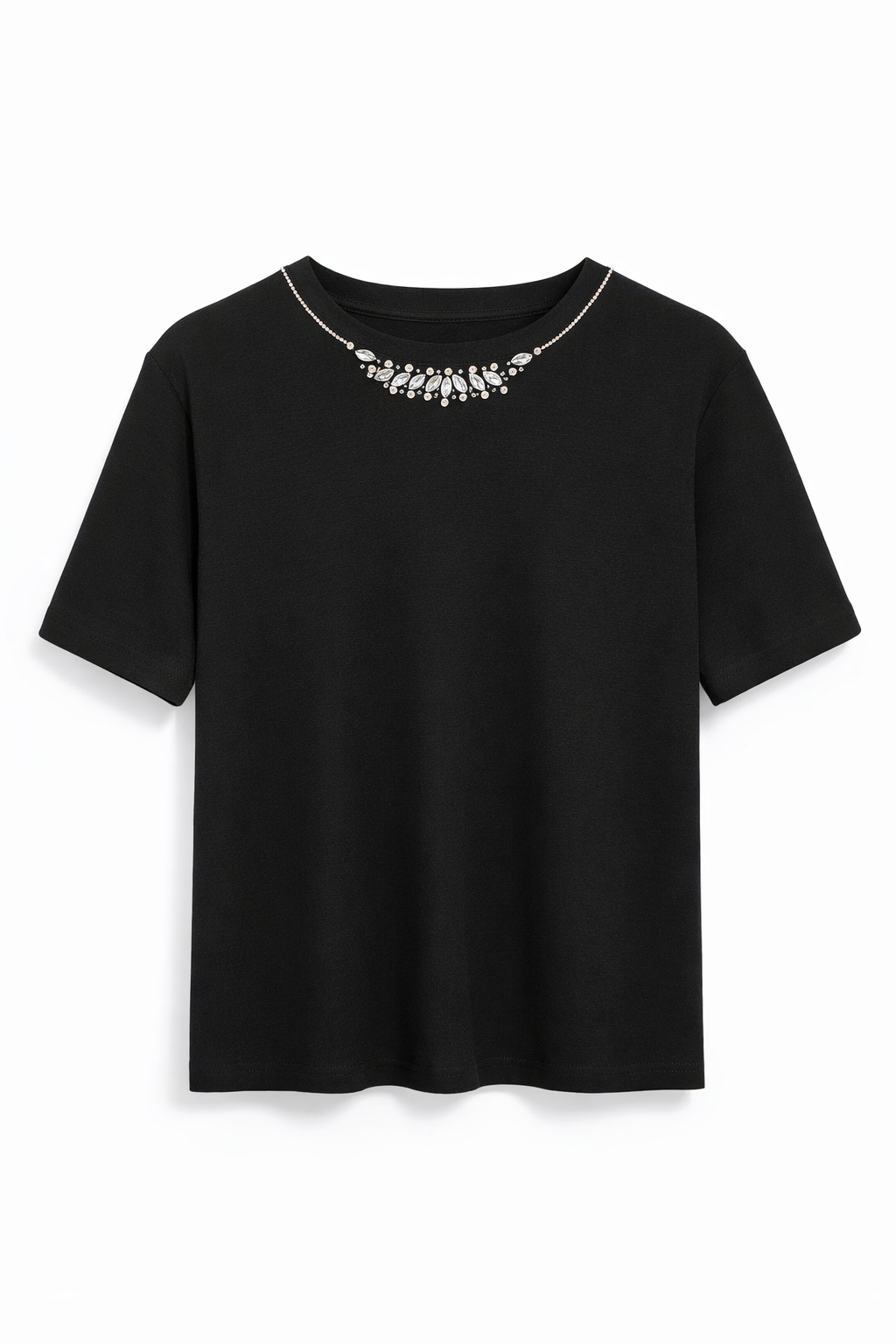 Yakası Taşlı Siyah Tshirt