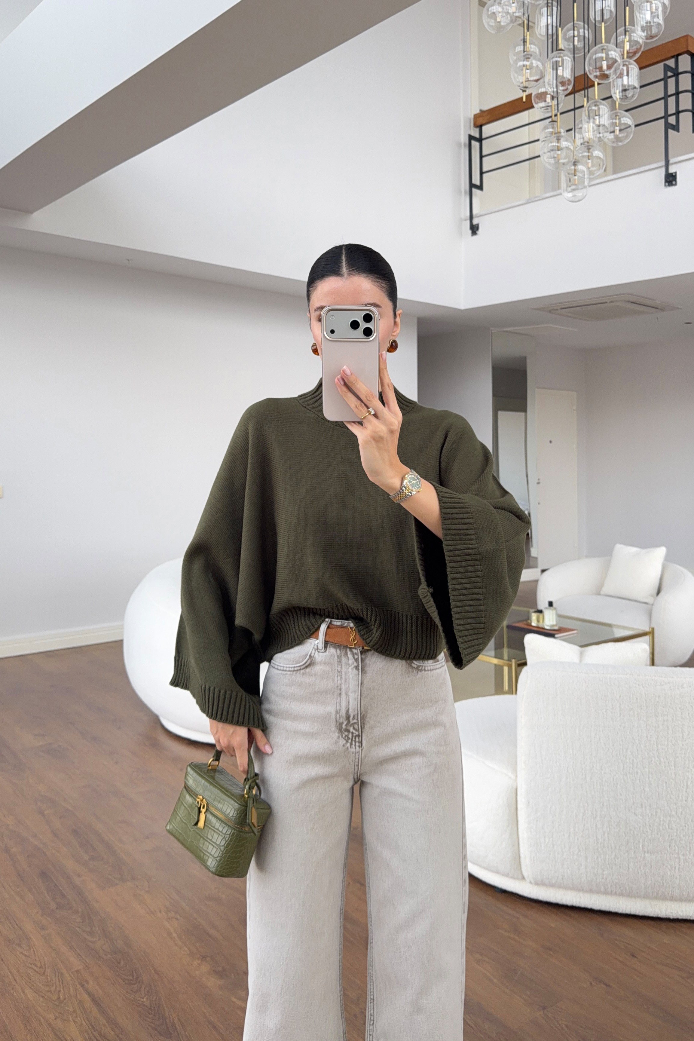 Yarım Balıkçı Yarasa Kol Oversize Haki Triko Kazak